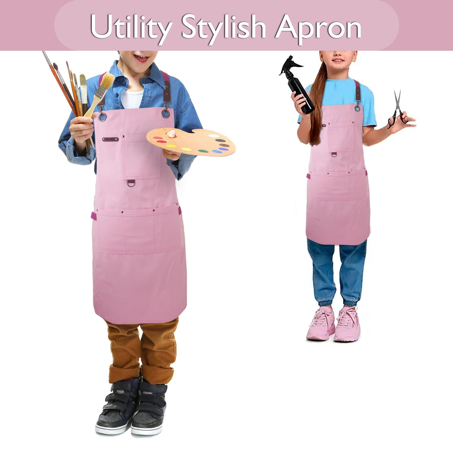 Stenffy Kids Art Aprons for Painting, Gardening, Cooking, Multiple Pockets, Kids Smock for Boys & Girls, (Age6-12) (Fuchsia Pink)
