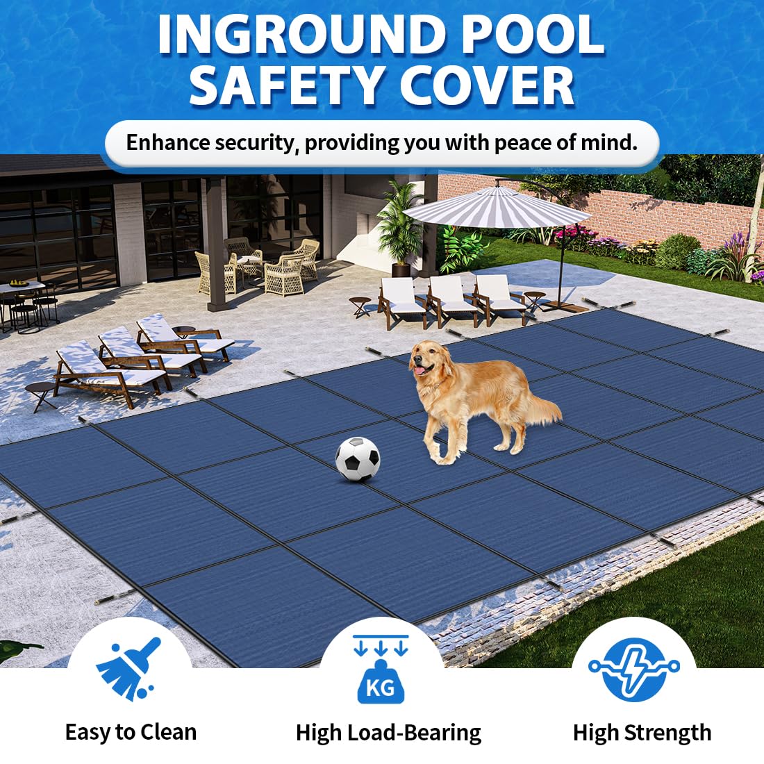 iCOVER Inground Pool Safety Cover, 20x40ft Rectangle Winter Safety Pool Cover for Inground Swimming Pools, Winter Pool Cover, Pool Covers for Inground Pools, Triple Stitched for High Strength, Blue
