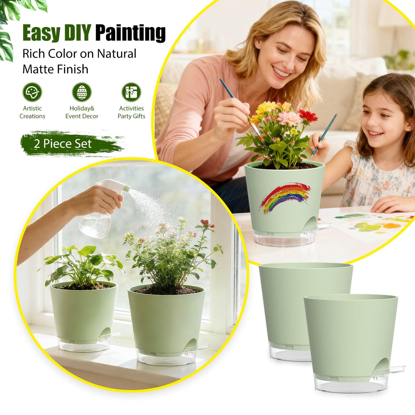 SQKH Plant Pots 8 Inch Self Watering Pots, 2 Pack Plastic Planters with Drainage Holes and Clear Saucers,Plastic Flower Pots for Indoor Out Door Plants (Green)
