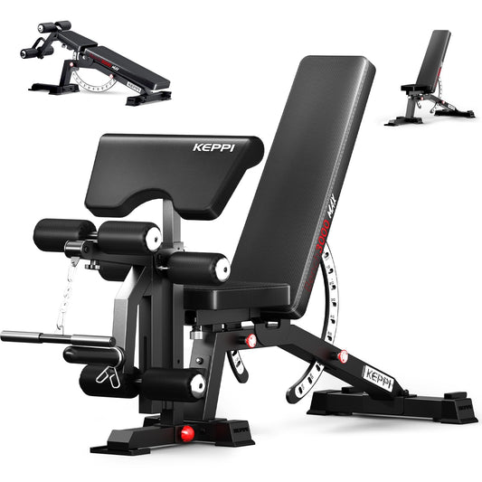 Keppi Fitness Weight Bench, 1200LBS Workout Bench with Leg Extension/Curl and Preacher Curl Attachment, Flat Incline Decline Weight Bench for Home Gym - Bench3000 Max