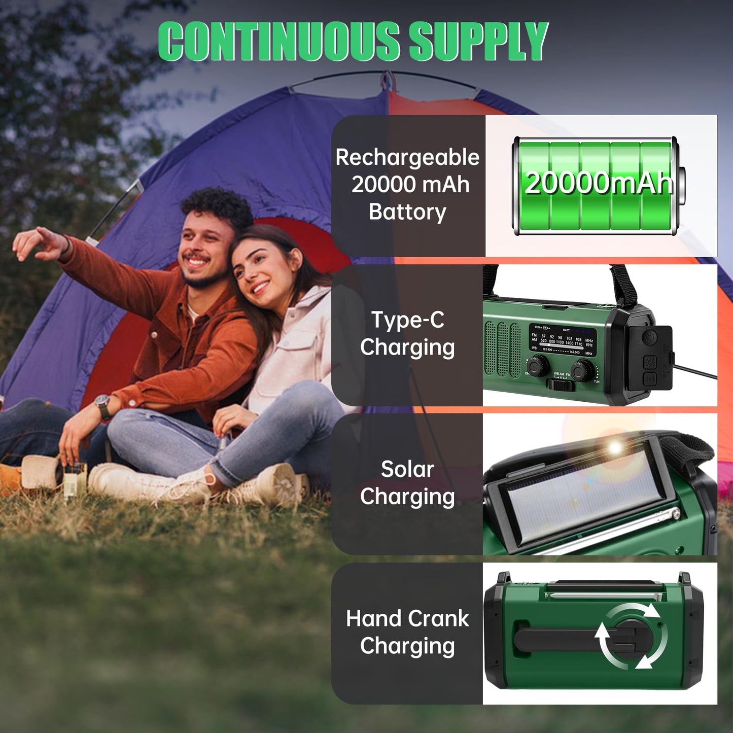 Emergency Weather Radio 20000mAh NOAA/AM/FM with 74000mWh USB/Solar/Hand Crank Charging, Battery Operated, SOS Alarm & Flashlight for Indoor/Outdoor Emergencies (Green)