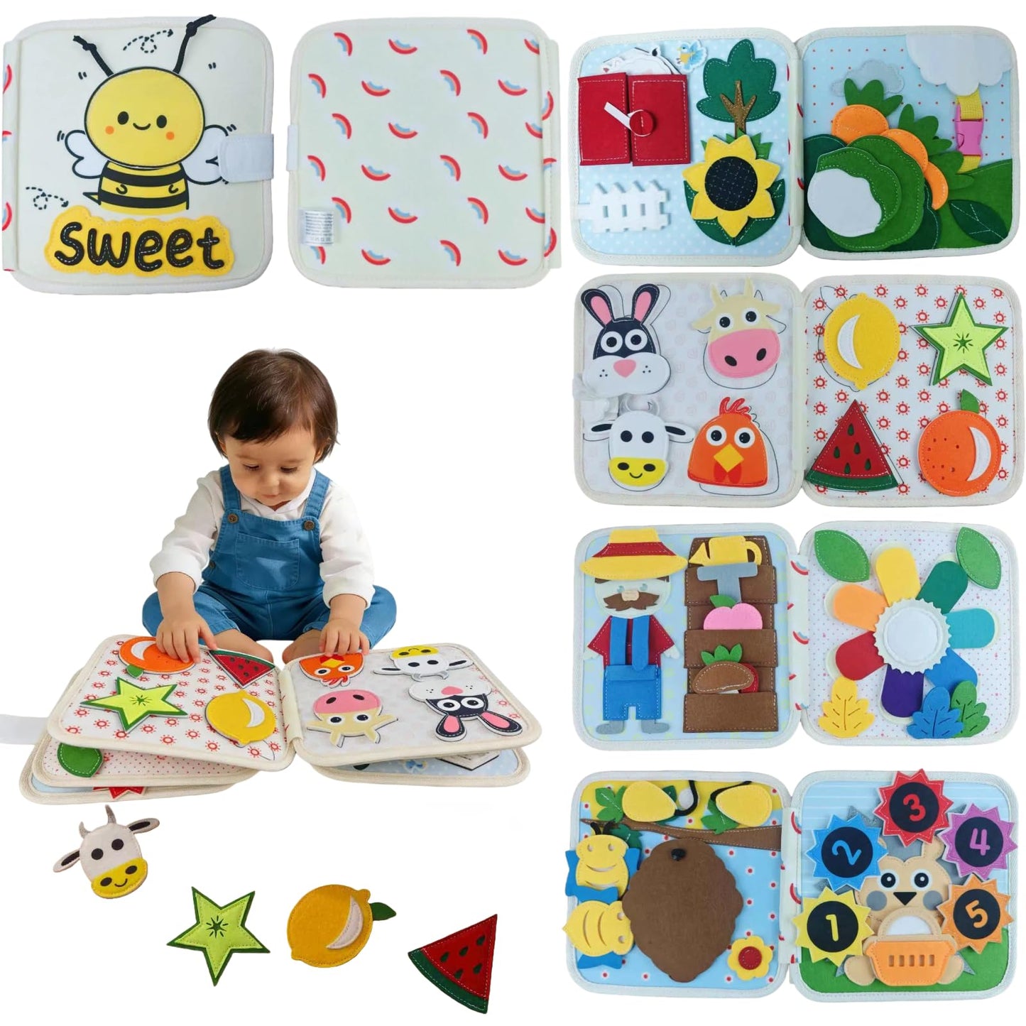 Montessori Forest Animals Busy Book, Airplane Travel Felt Quiet Busy Board for Toddler 1-3, Preschool Kids Learning Activities Sensory Toy to Develop Fine Motor Skills, Boys Girls Birthday Gift (#A)