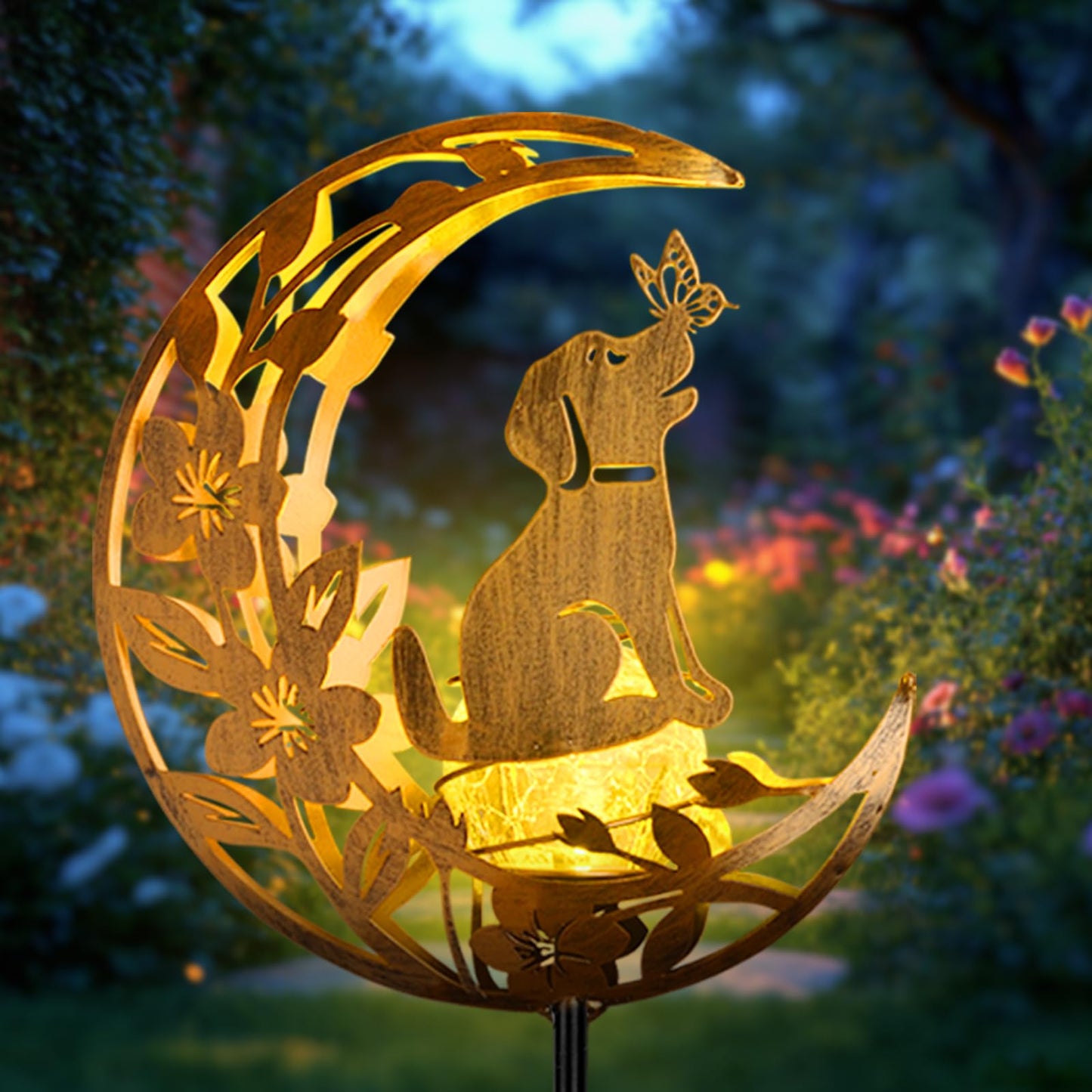 JOBOSI Solar Iron Art Flower Planting Moon Dog Waterproof Outdoor Solar Light for Garden, Yard, Patio Decor, Auto On/Off, Long-Lasting Battery, Unique Gift for Mom, Grandma, Christmas