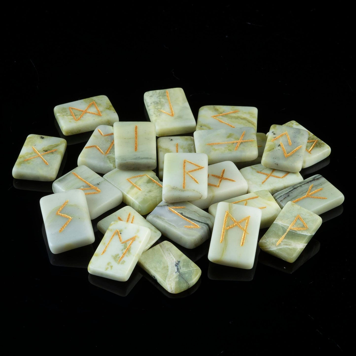 Crocon Serpentine Rectangle Shape Gemstone Runes with Elder Futhark Alphabet Engraved 25 pcs Rune Set Crystal Divination Metaphysical Healing Chakra Reiki Runes Set with a Pouch Size : 20-25mm