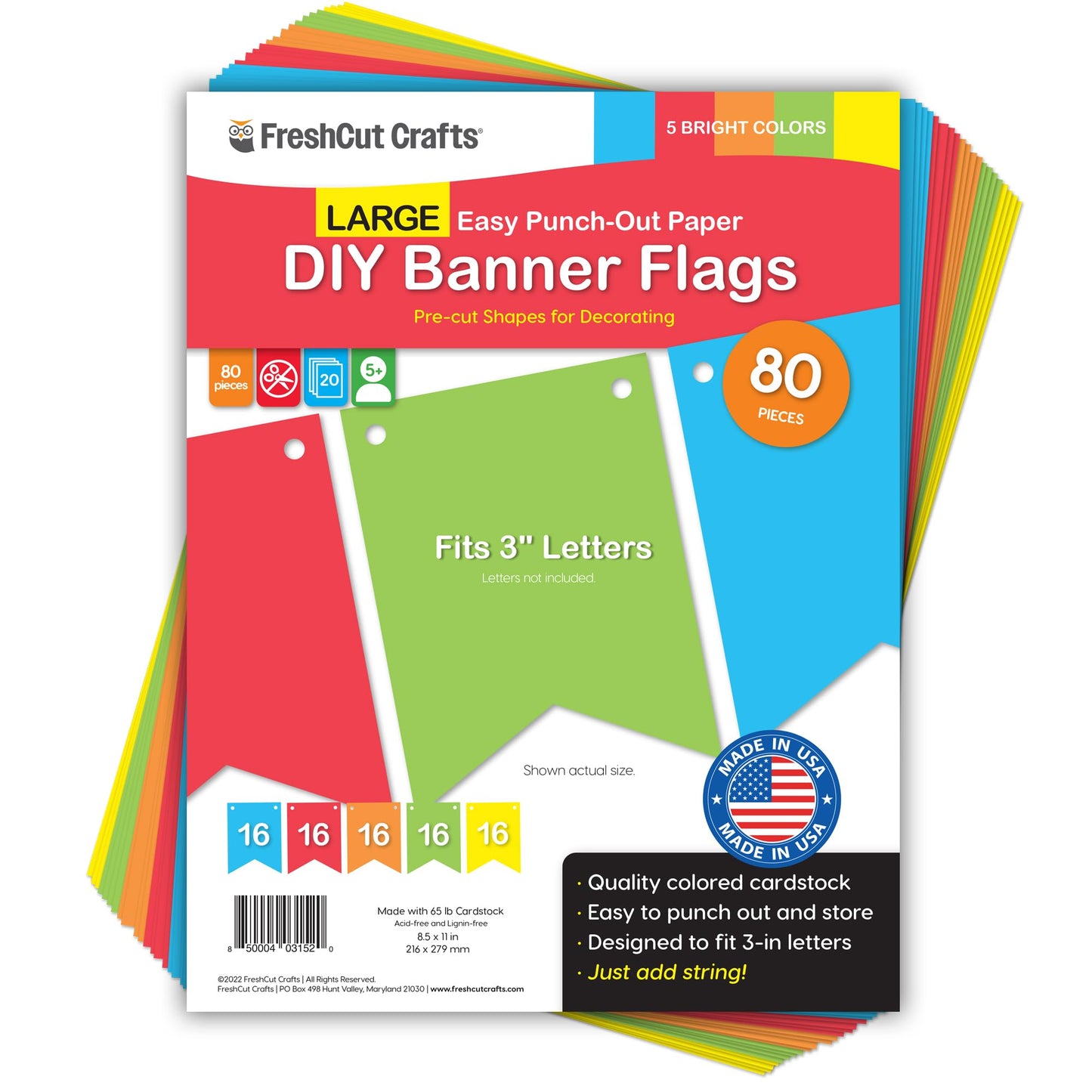 80 pcs Paper DIY Banner Flags Bright Pennant Banners, Large (3.75 x 5 in), US Made Card Stock Punch Out Blank Pennants for Party Decorations, Kids Birthdays, Classroom, Celebration, Festive Parties