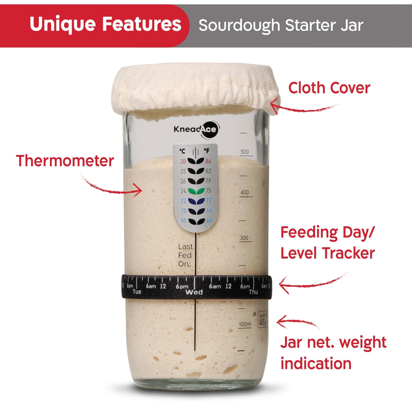 KNEADACE Sourdough Starter Jar With Date Marked Feeding Band, Thermometer, Sourdough Jar Scraper, Sourdough Container Sewn Cloth Cover & Metal Lid, Sourdough Starter Kit (2 Pack)