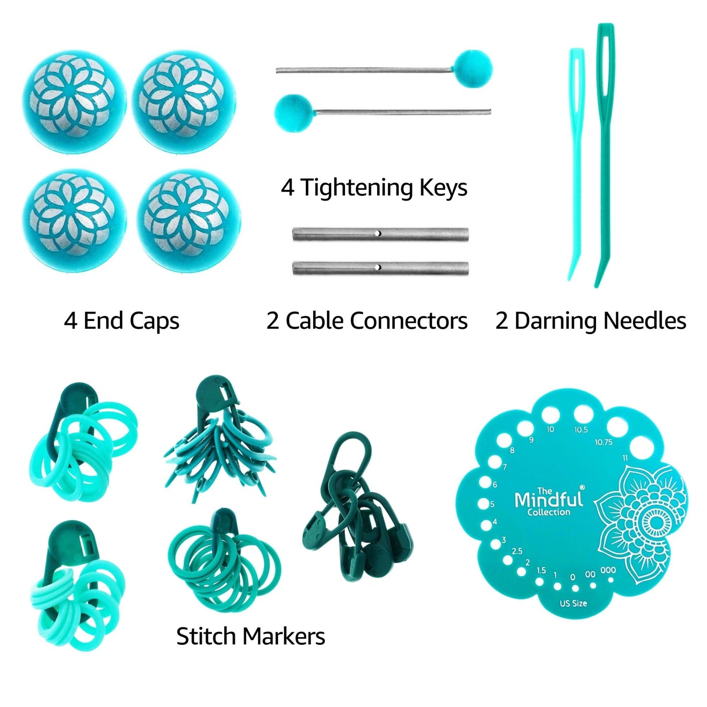 KnitPro Mindful Believe Set 5 Inch Circular Knitting Needles Size 2.5, 4, 5, 6, 7, 8, 9, 10 Interchangeable, 3 Cables, 2 Connectors & More, Fabric Case with Project Bag