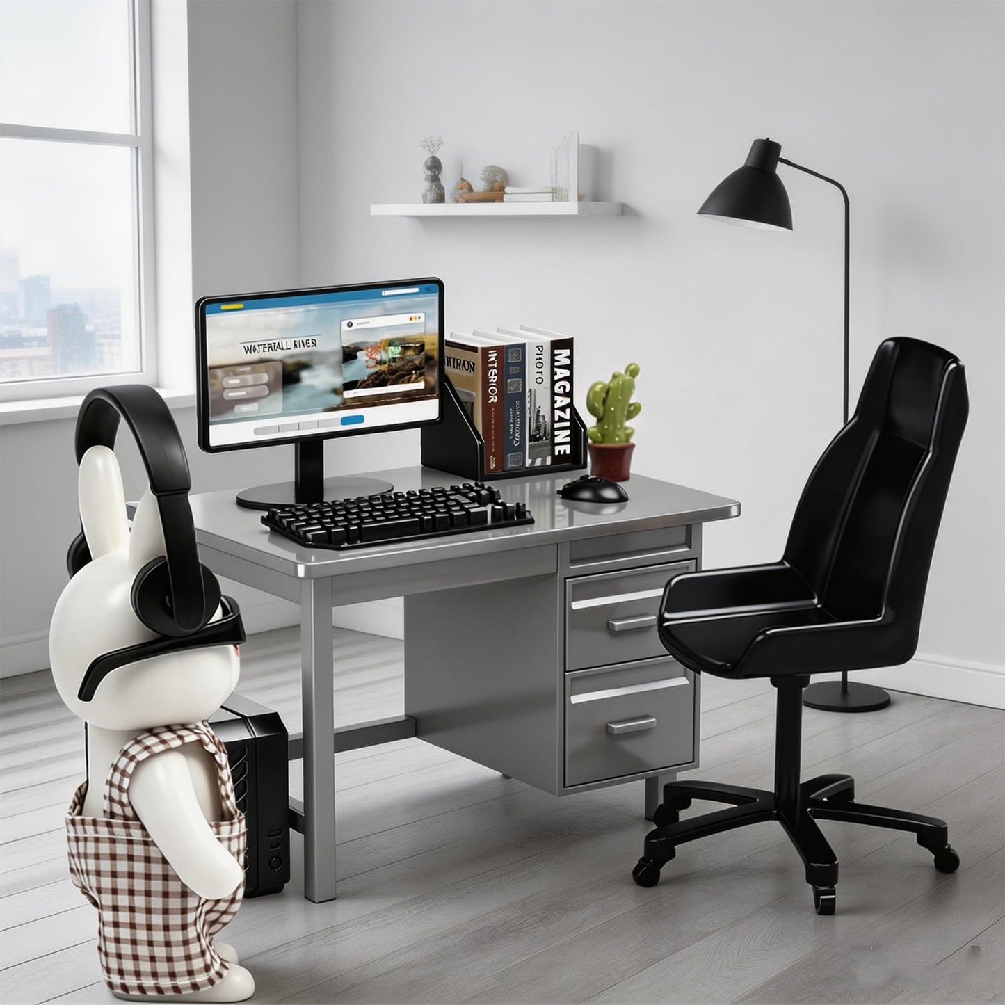1:12 Scale Miniature Office Furniture Set for Dollhouse, Featuring a Desk, Chair,Flocked Rabbit, Computer, Bookshelves and Accessories, Suitable for Displaying Ideal Gifts