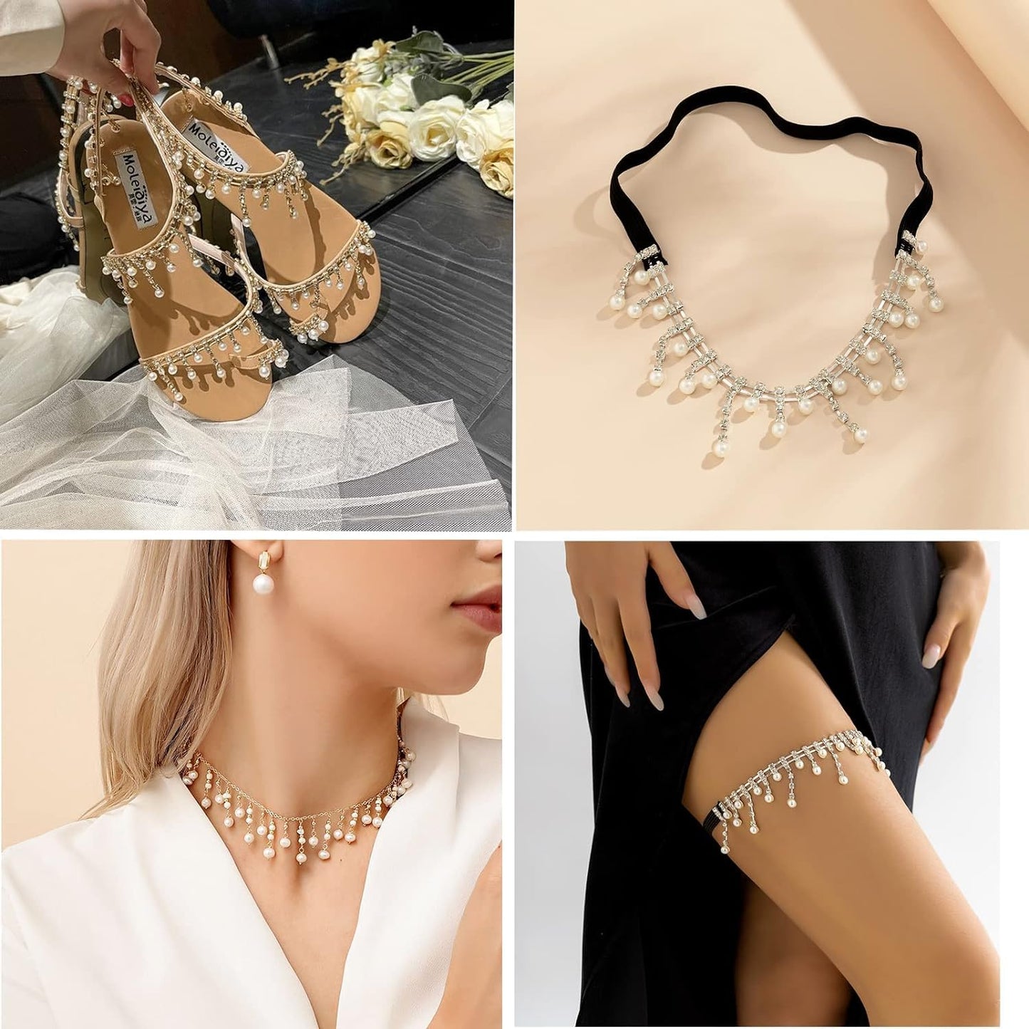FQTANJU 1 Yard Rhinestone Pearl Tassel Fringe Trim Ribbon, Inlaid Pearl Beaded Crystal Close Chain Applique Bridal Embellishments for Sewing Crafts Wedding Party Clothing DIY Decoration