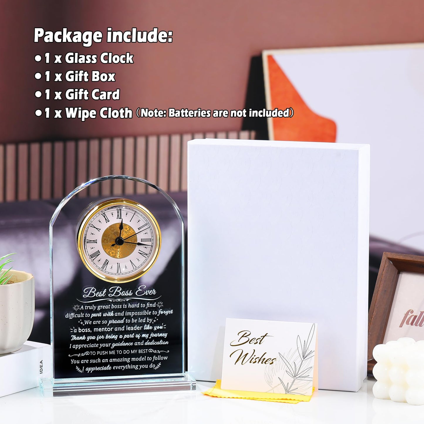 Arikyrist Boss Gifts for Men Women Glass Clock for Best Boss, Crystal Appreciation Gift for Bosses Day Birthday Going Away Farewell Thank You Retirement Keepsakes for Female Male Home Decor