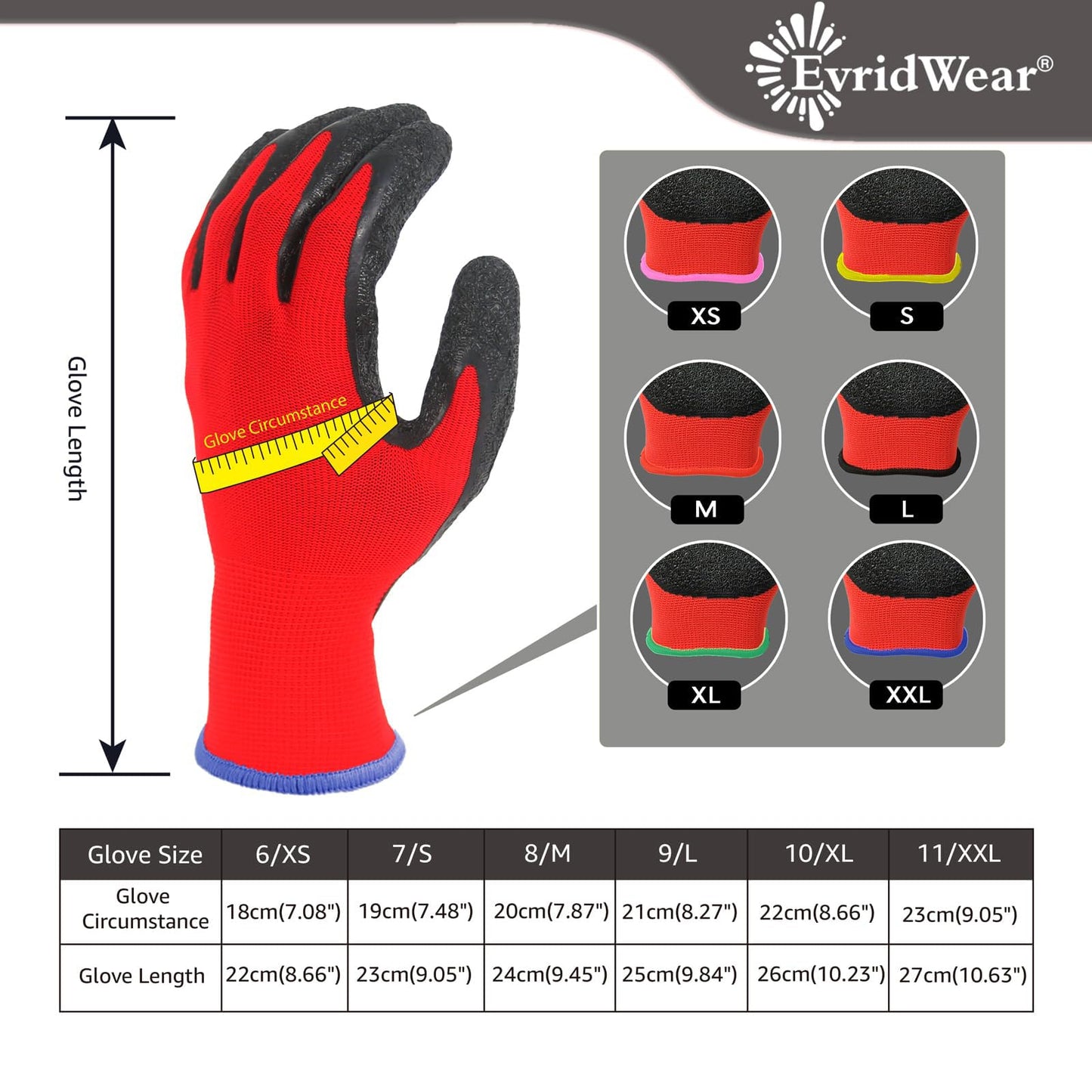 Evridwear Crinkle Latex Rubber Hand Coated Safety Work Gloves for Men Women General Multi Use Construction Warehouse Gardening Assembly Landscaping,Red Large 12 Pairs Pack