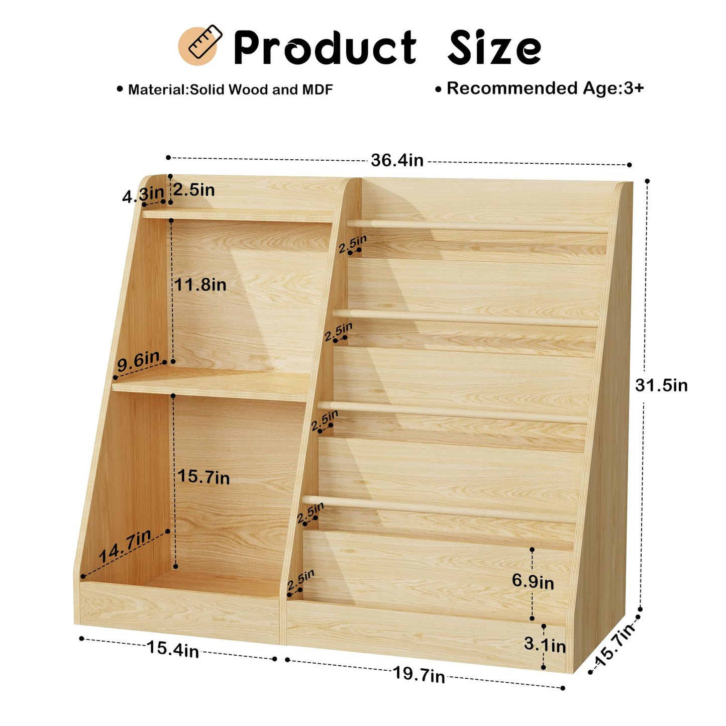 Lkeiyay 5 Tier Kids Bookshelf,Baby Bookshelf,Toy and Book Storage for Kids,Book Display Shelf,Natural