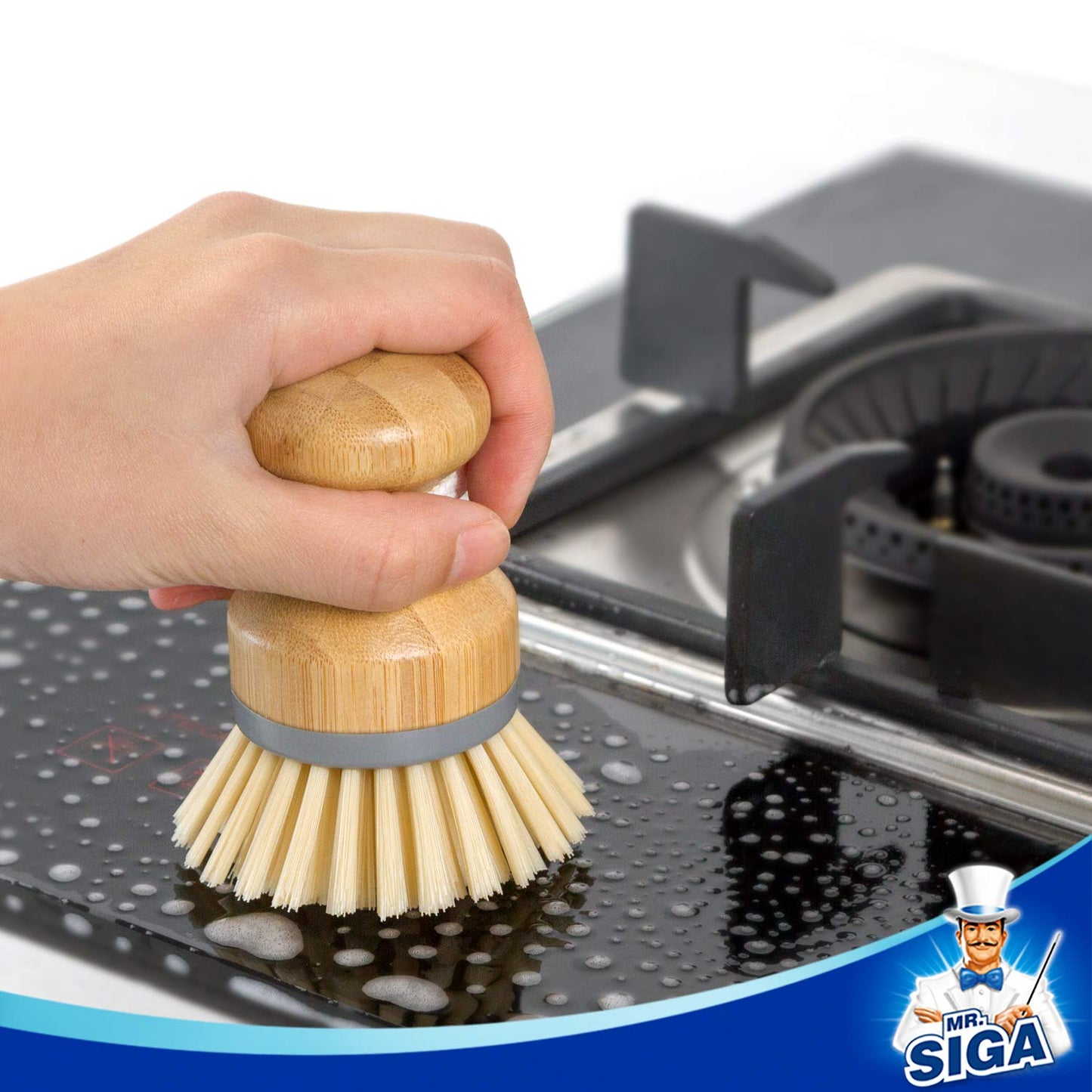 MR.SIGA Bamboo Palm Brush, Scrub Brush for Dishes Pots Pans Kitchen Sink Cleaning, Pack of 2