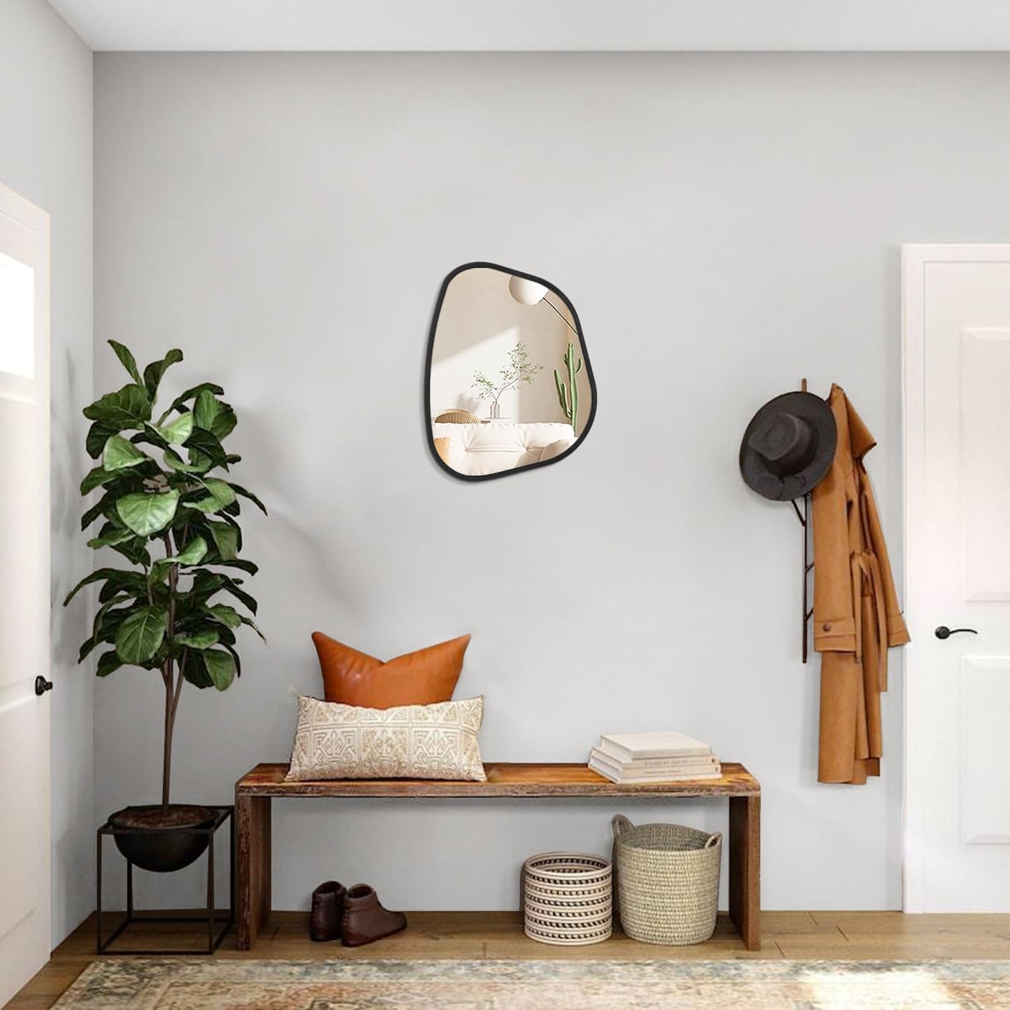 HLFMVWE Asymmetrical Mirror for Wall Irregular Oval Wood Frame Modern Unique Accent Wall Mirror Decorative Vanity Bathroom Living Room Bedroom Entryway Hallway Artistic Wavy Mirror Small 14"x10"