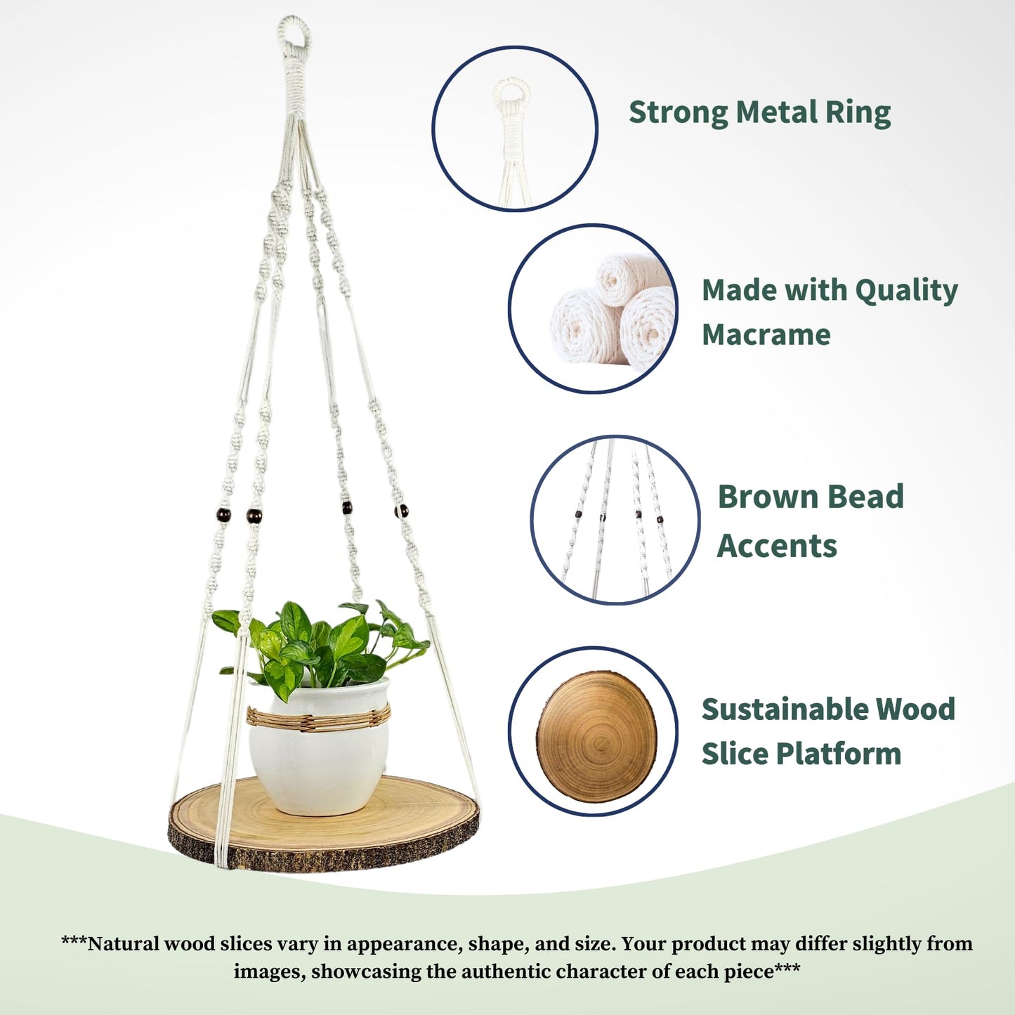 Leafy Accents Hanging Plant Shelf - Hanging Planters for Indoor Plants - Hanging Plant Holder with Floating Raw Wood Shelf - Window Plant Hanger - Minimalist Home Decor (Natural)