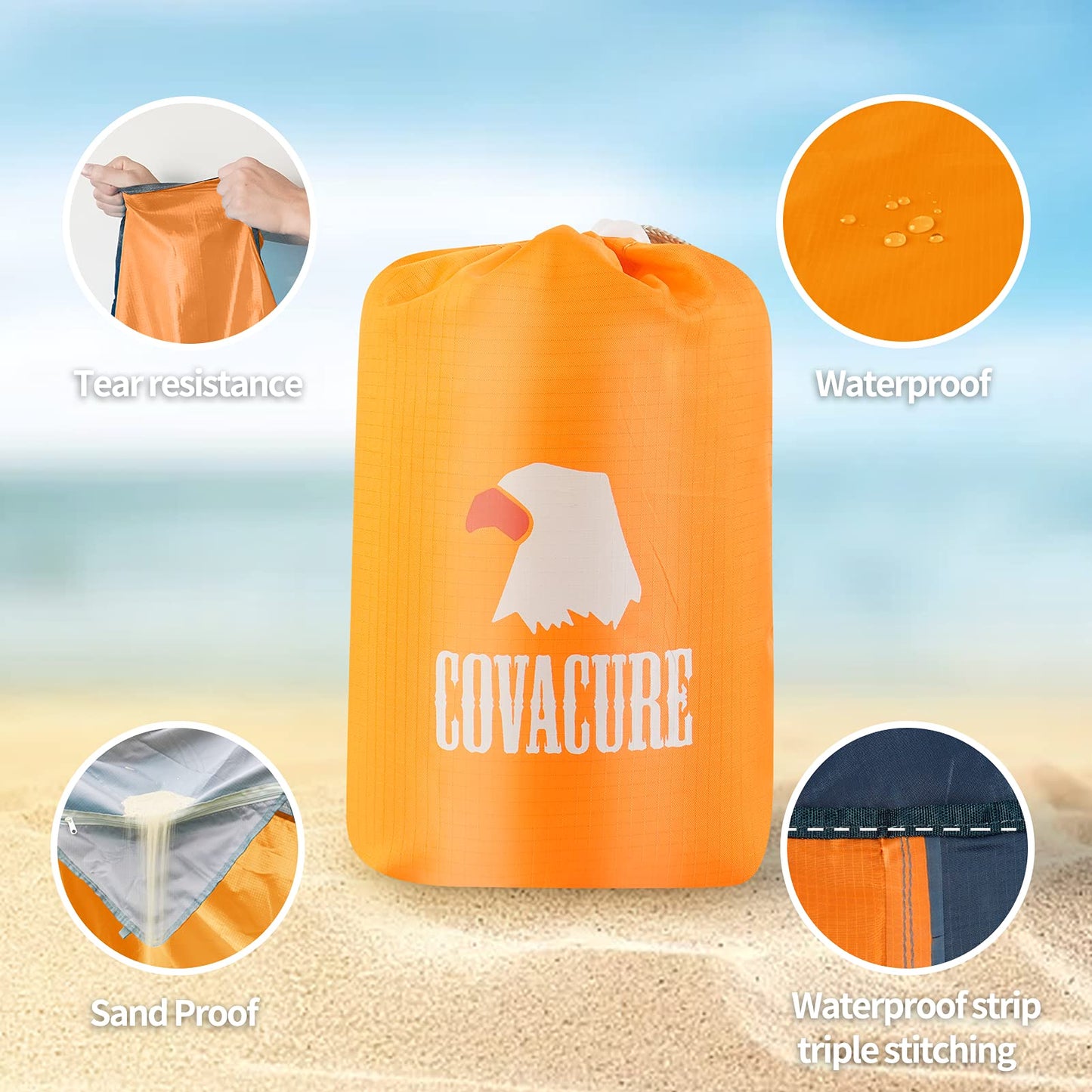 covacure Extra Large Beach Blanket Sandproof Waterproof - 108"x85" for 7-8 Adults, Oversized Beach Mat with Zipper Pockets, Lightweight Outdoor Accessories for Camping, Travel (Orange-M, 108"x85.2")