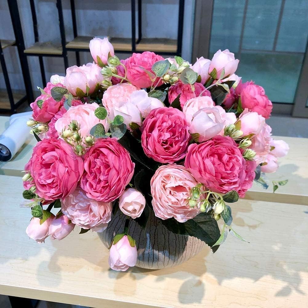 DEEMEI 4 Bundles Peonies Artificial Flowers, Fake Silk Peonies Bouquet of Flowers for Home Decor Faux Floral Table Centerpieces for Kitchen Bathroom Wedding Party Decor(Rose Red+Pink)