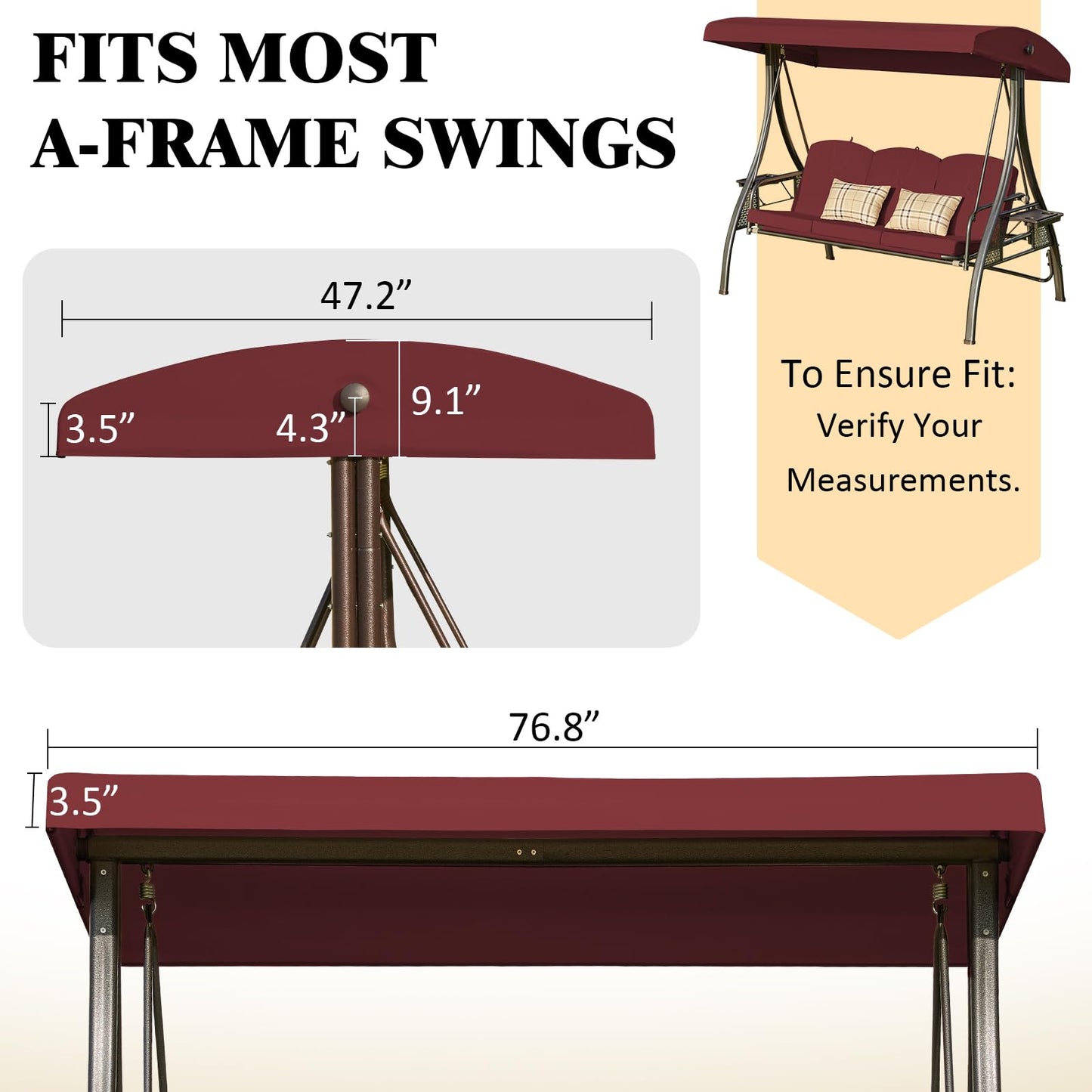 Oungelark Outdoor Swing Canopy Replacement Cover, 3 Seat Swing Cover UV-Resistant for 3-Seat Porch Swing (Red, 76.8x47.2x9.1in)