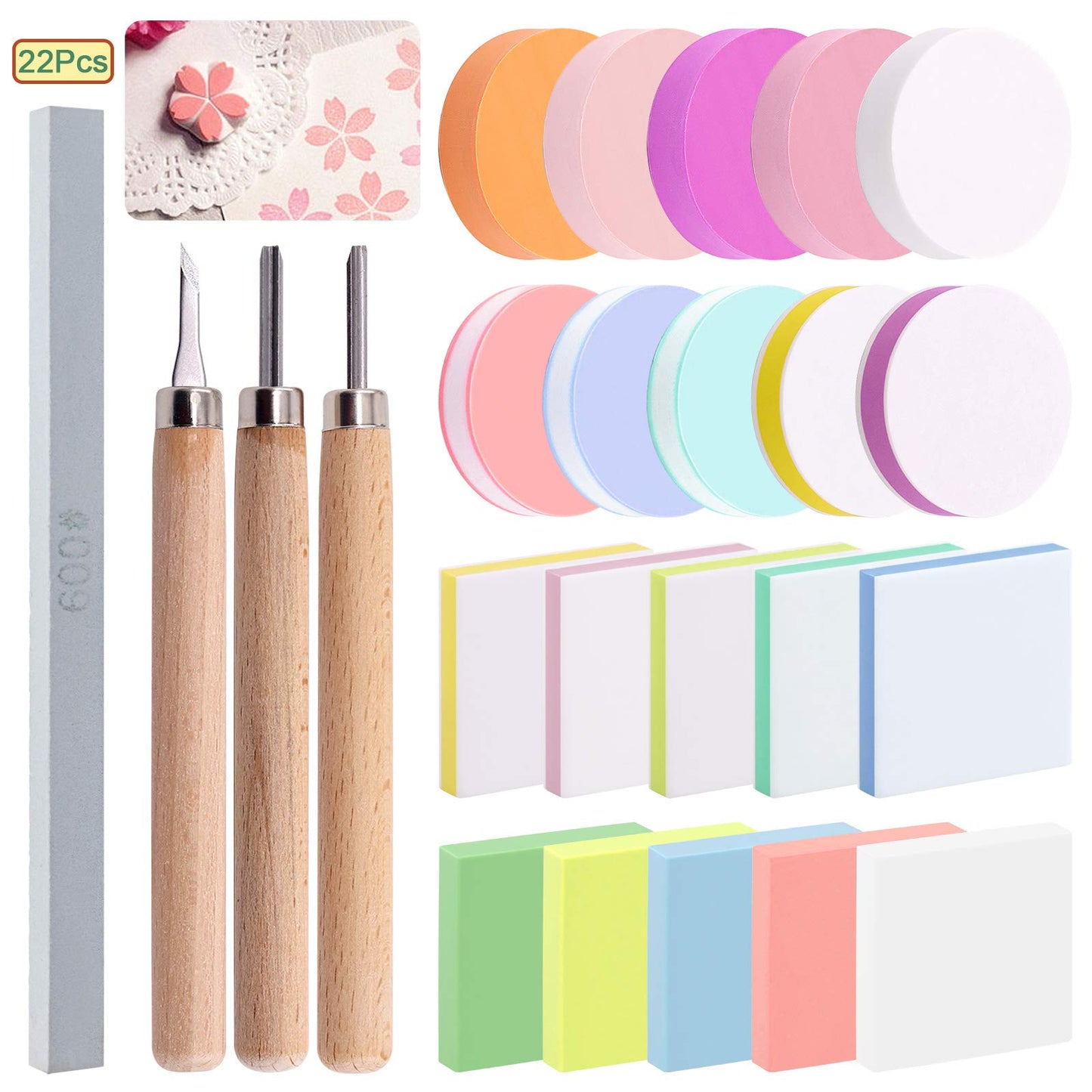 Keadic 24 Pieces Block Printing Starter Tool Kit, Rubber Stamps Making Set with Round & Square Rubber Carving Blocks, Linoleum Cutter Tools & Grindstone for Stamp Carving and Printmaking