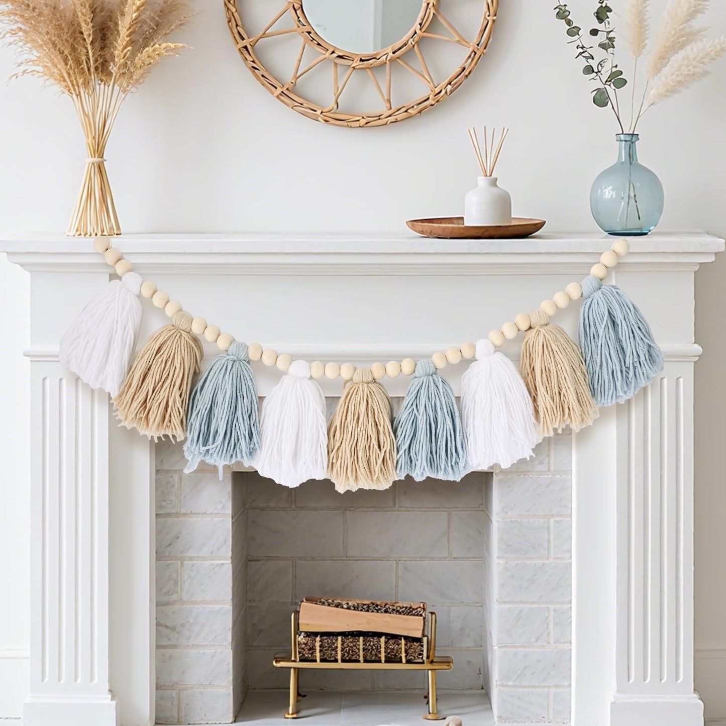 Coastal Boho Blue Tassel Garland Room Decor, Handmade Yarn Wood Beads Banner for Nursery, Baby Boy Shower Decorations for Wall Hanging, Classroom Decor, Birthday Party and Photo Backdrop