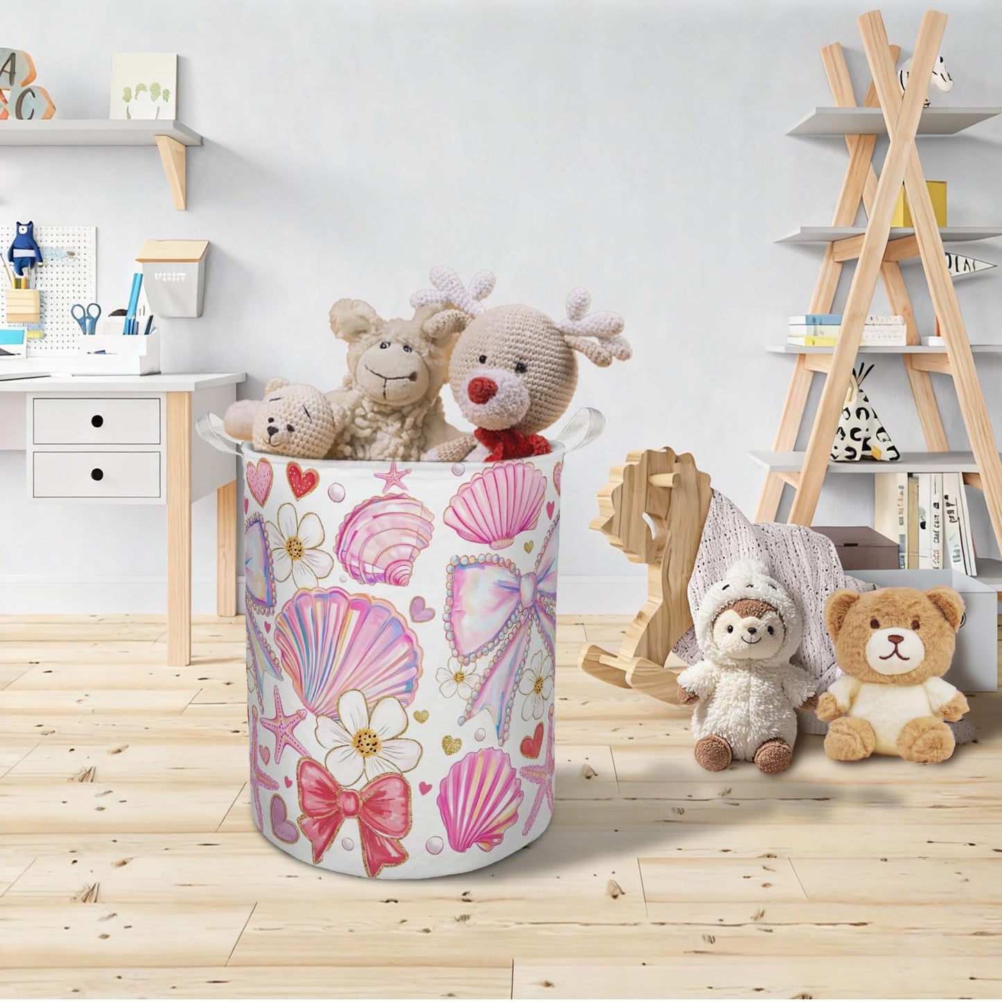 TAZSWDMM Preppy Bow Coastal Beach Laundry Basket Hamper, Coquette Seashell Starfish Ocean Foldable Clothes Toys Books Storage Box Bins Baskets Organizer for Girls Dorm Room Bathroom Home