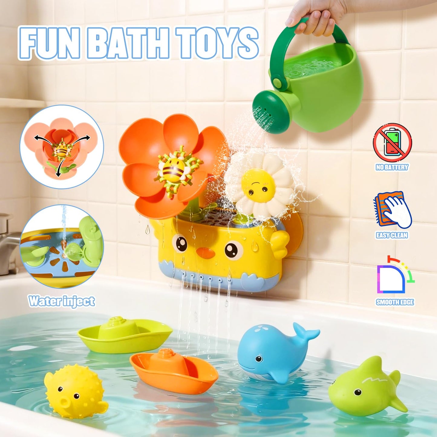 Toddler Bath Toys for Kids Ages 1-3 | Safe & Fun Mold Free Baby Bath Toys | Interactive Bath Toys with Blooming Flower with Watering Can Bathtub Water Toys for 1+ Year Old Great for Girls Shower Gifts
