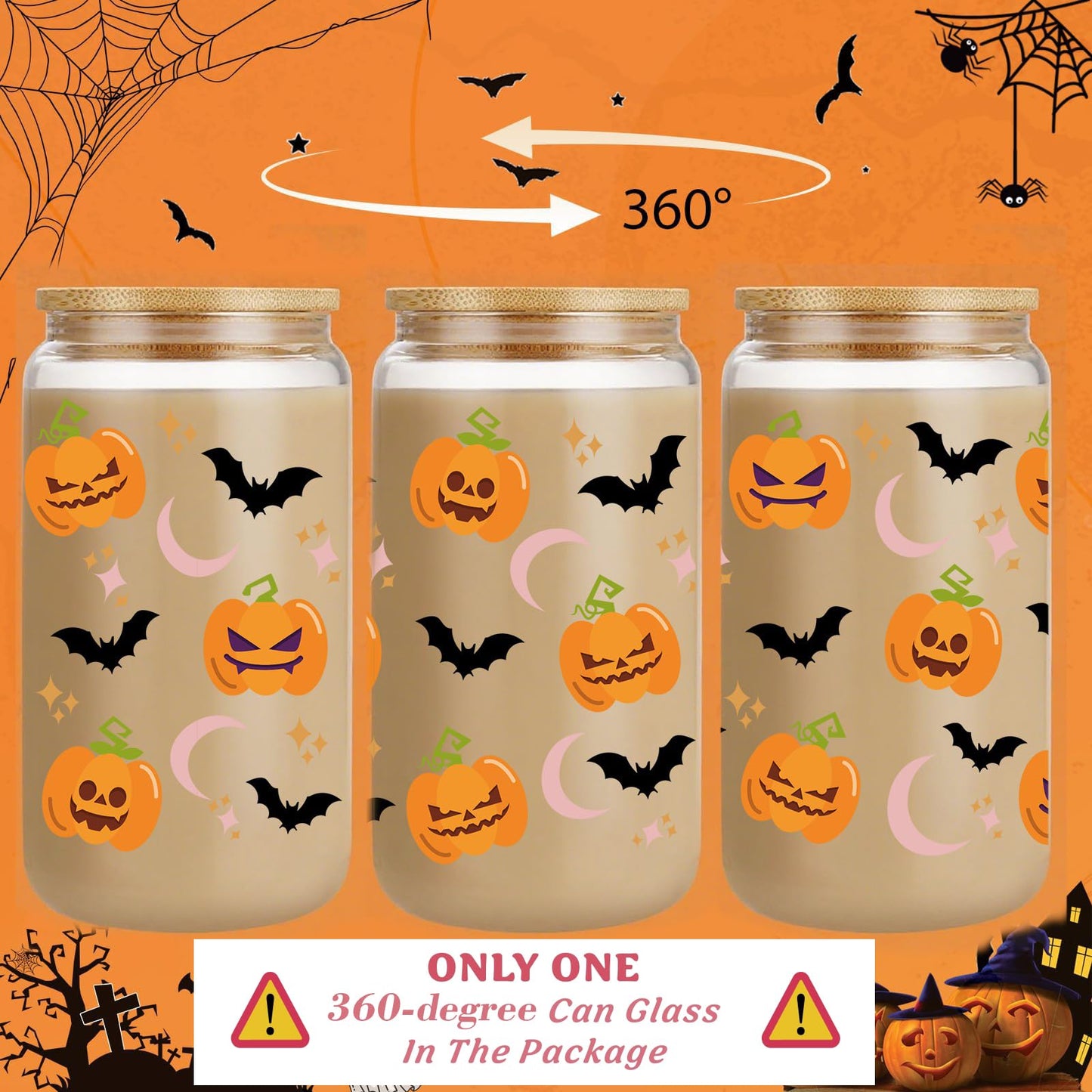 Halloween Gifts for Women 16oz Pumpkin Bat Coffee Glass Cup with Lid & Straw, Boo Basket Stuffers Fall Themed Gifts for Her, Sister, Friend