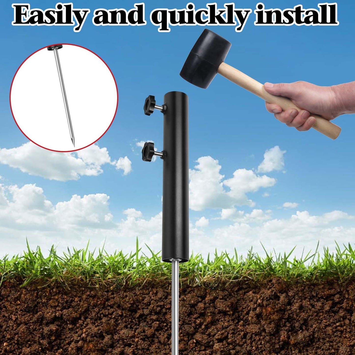 Wenfan Ground Mount for Portable Flagpole, Flag Poles for Outside House, 12 Inch Flag Spike with 12" Extended Tip Adjustable Inground Flagpole Ground Stake 1.65" Dia Beach Flagpole Holder, Black