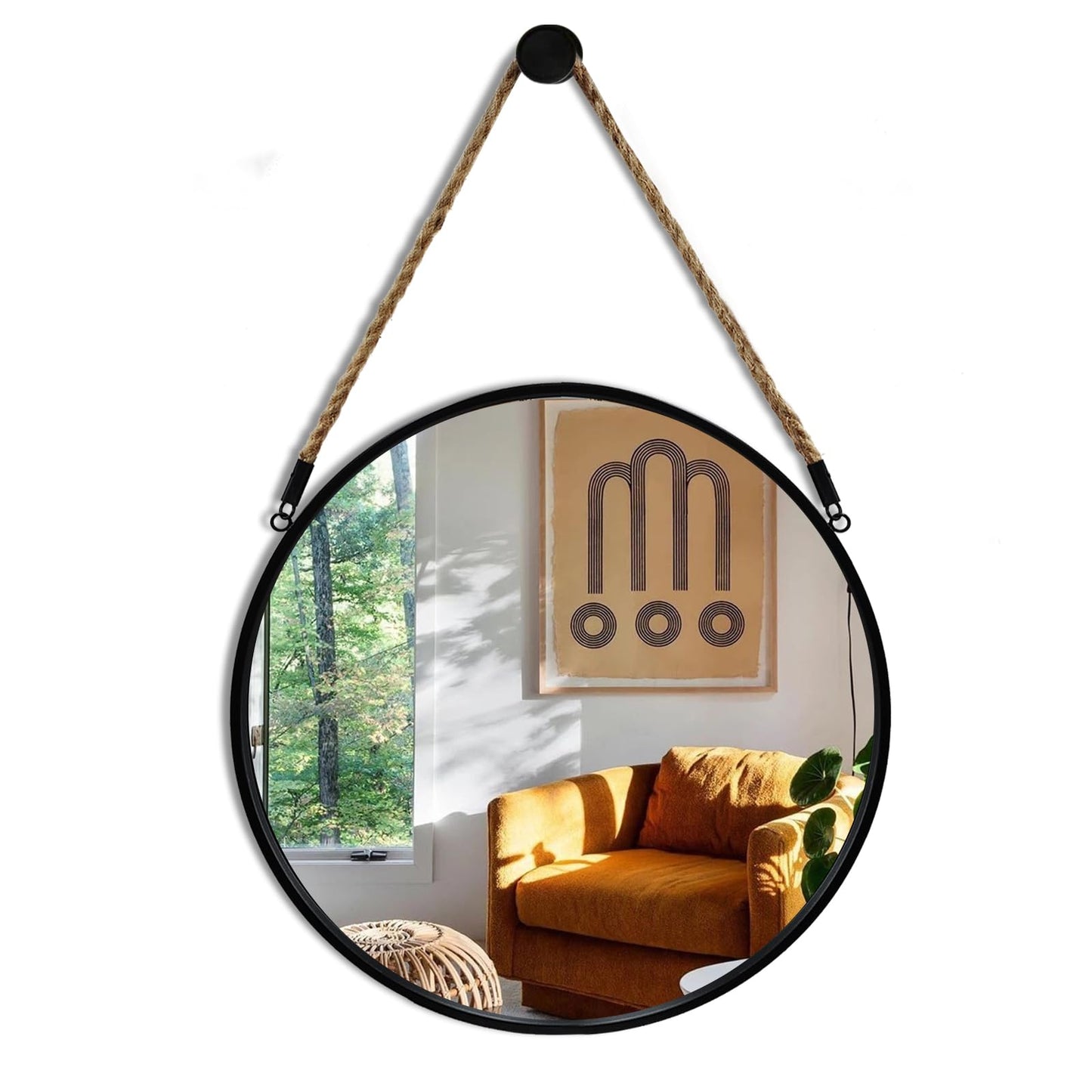 POZINO Round Mirror, 15" Rope Hanging Mirror, Farmhouse Circle Mirrors, Black Metal Frame Wall Mirrors for Bathroom, Bedroom, Living Room, Entryway, Fireplace, Home Decor