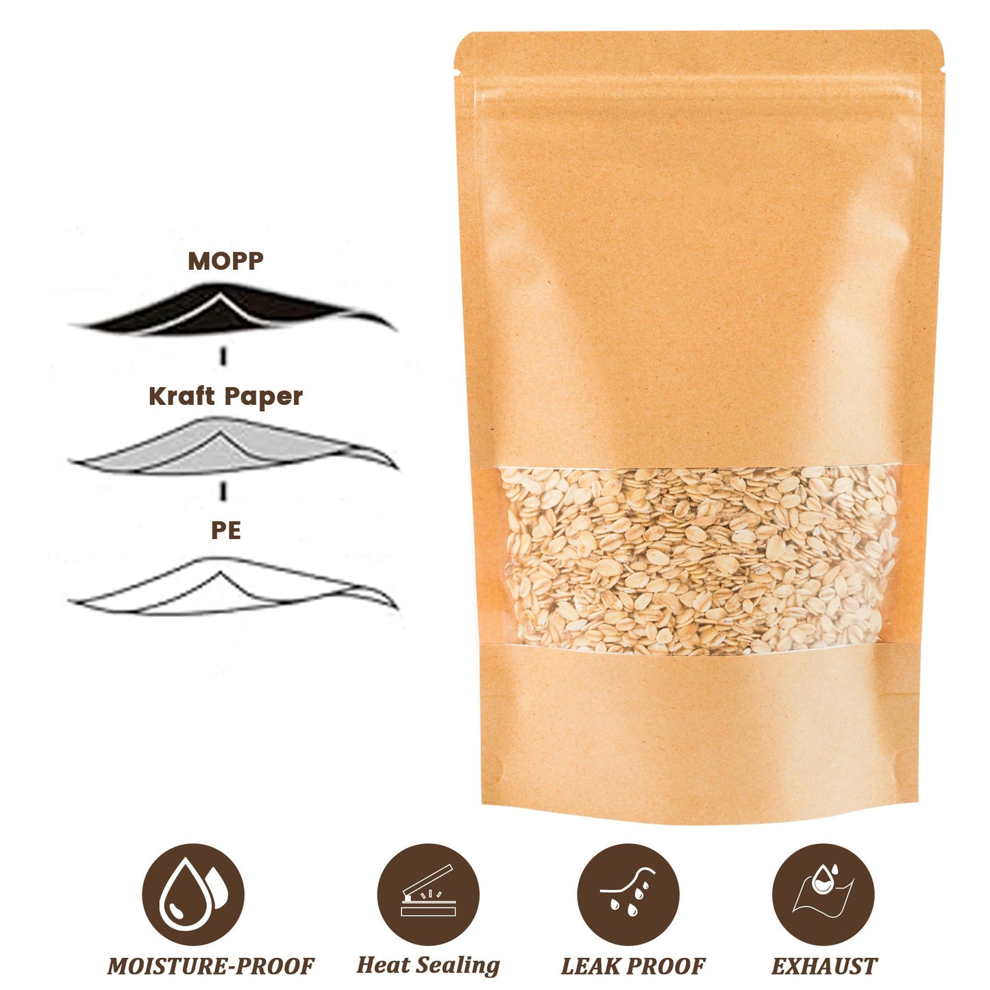 EIOFG Packaging 100PCS Kraft Paper Bags with Window(3.9" X 5.9"), Resealable Paper Bags for Food Storage, Stand Up Treat Bag Reusable for Candy, Cookie, Heat Seal Paper Bag for Small Business