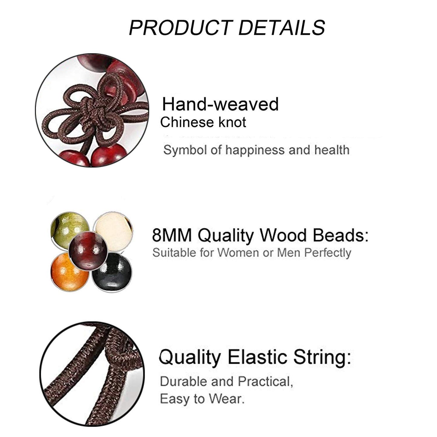 K&Q 9 Pcs Mens Womens Wood Chain Bracelets, Handmade Multilayer 8MM 108 Buddhist Strand Wood Mala Beaded Elastic Bracelet Necklace-Meditation Prayer Beads for Yoga, Spiritual Protection & Good Luck