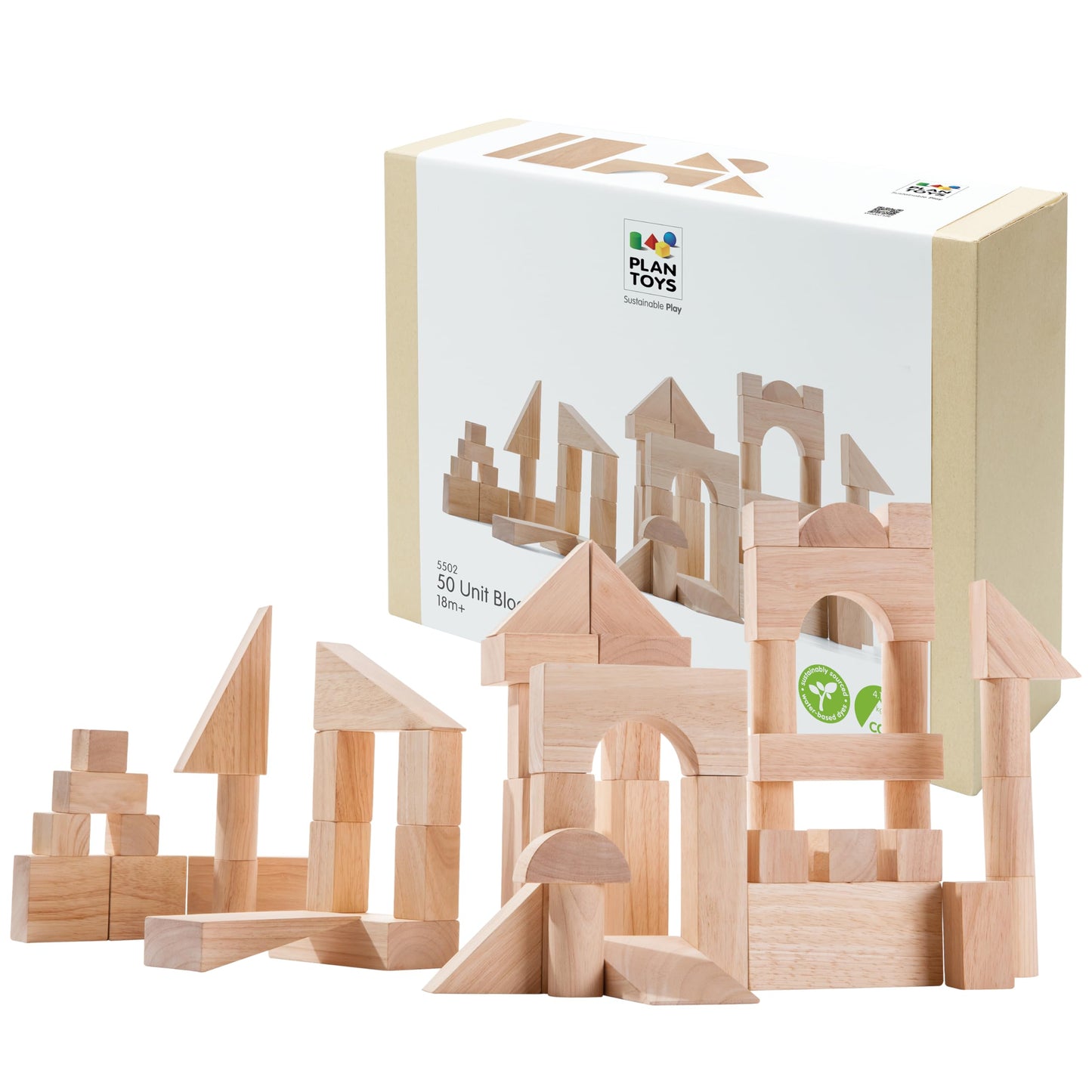 PlanToys Wooden 50 Piece Unit Block (35 mm) Building Set (5502) | Sustainably Made from Rubberwood and Non-Toxic Paints and Dyes | PlanNatural Classic Wooden Toy Collection