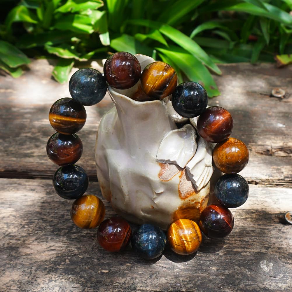 TaHLga Mixed Tigers Eye Mens Bracelet 16MM | Mixed Red Gold Blue | Fits for About 8" XLarge Wrist | Natural Solar Plexus Chakra Gemstones | Bring Luck Wealth Courage | Protection from Evil | Gift