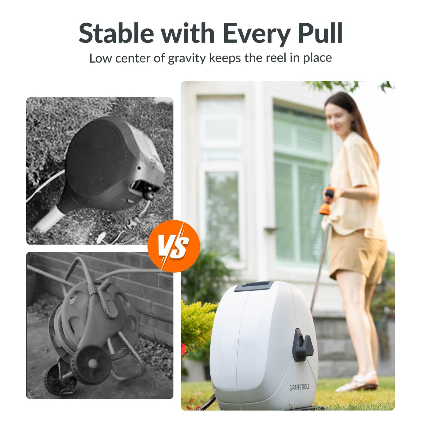 Giraffe Tools Retractable Heavy Duty Hose Reel, 1/2" x 100FT Automatic Rewind Garden Hose Reel with 360° Swivel Base, Ground Mounted for Lawn, Patio, Concrete Floor & Yard Watering
