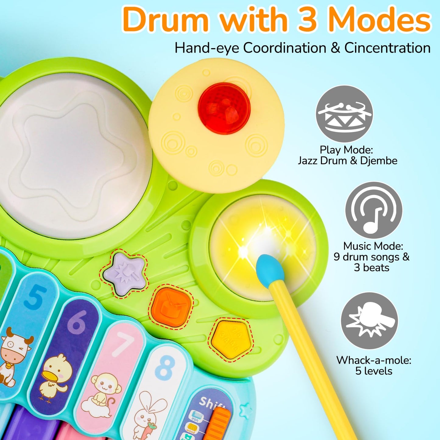 Baby Piano Drum Set for Toddlers 1-3, Musical Toys 3 in 1 Baby DJ Table Piano Keyboard Xylophone Instruments for 1 2 Year Old Boys Girls Music & Light Activity Table 6-12-18 Months Old Birthday Gifts