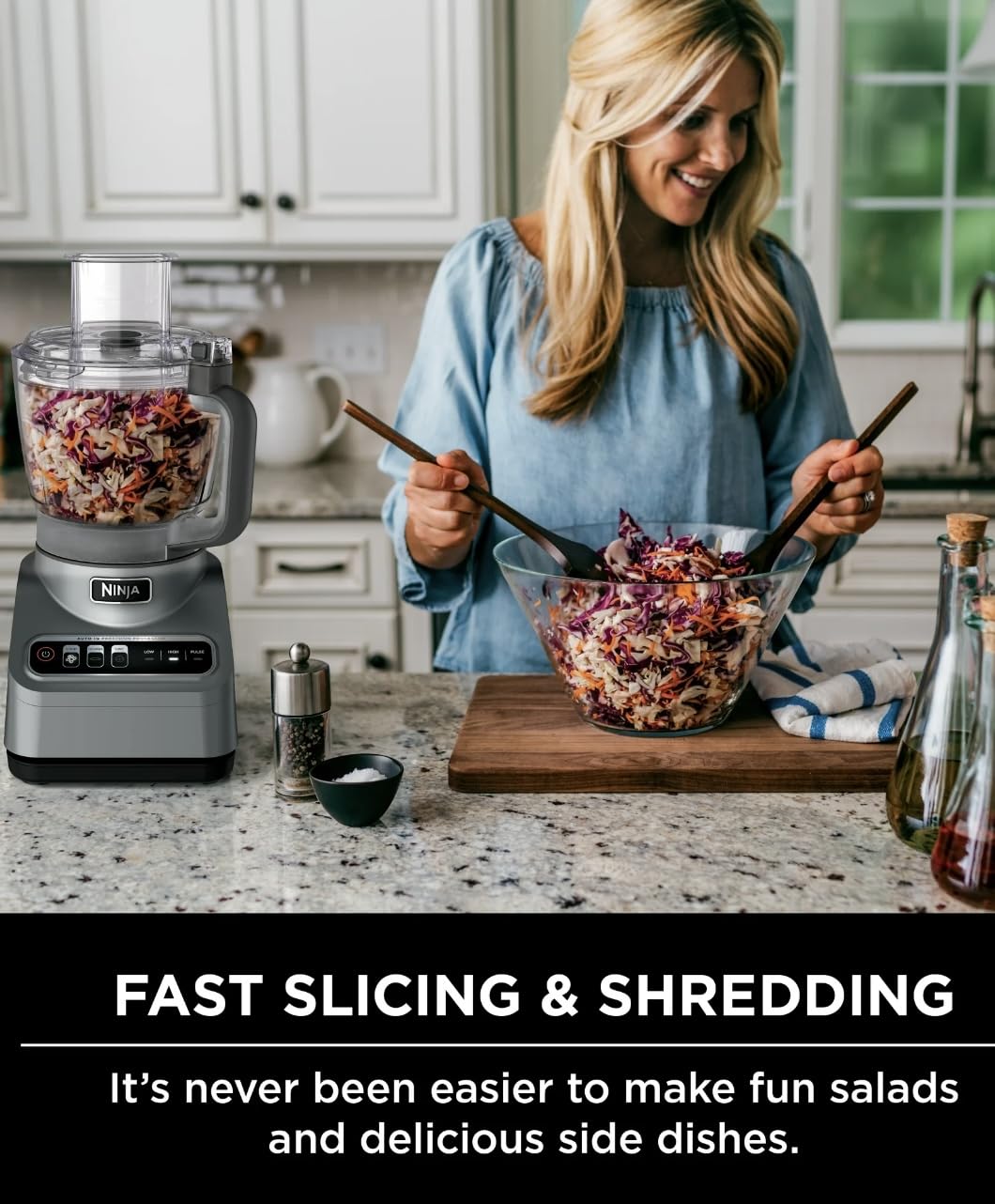 Ninja Professional Food Processor, 850 Watt motor, 9-Cup Capacity, 3 Auto iQ Preset Programs, Powerful dough mixer, Gray (BN600)