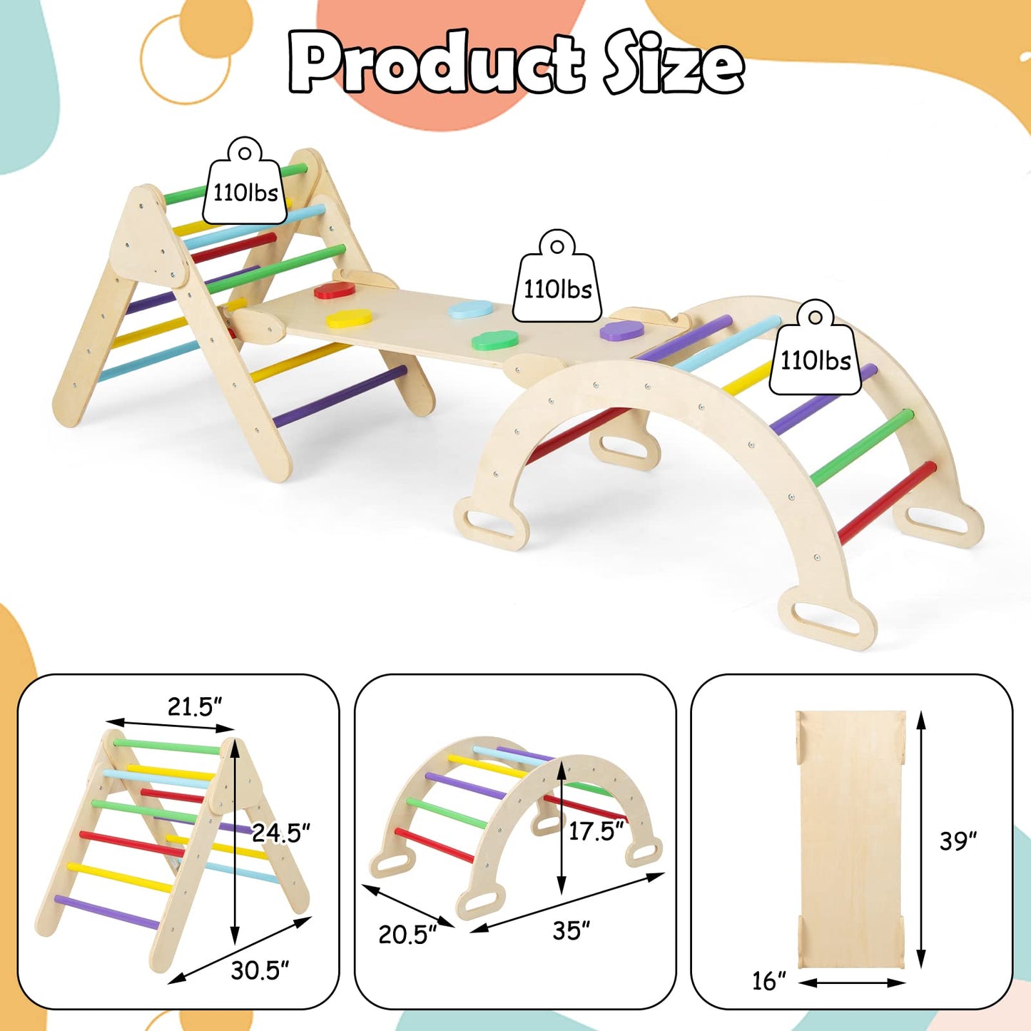 Olakids Pikler Triangle Set 7 in 1 Climbing Toys for Toddlers 1-3 Inside Foldable Wood Montessori Jungle Gym with Ramp Ladder Arch Slide Baby Climber Indoor Playground