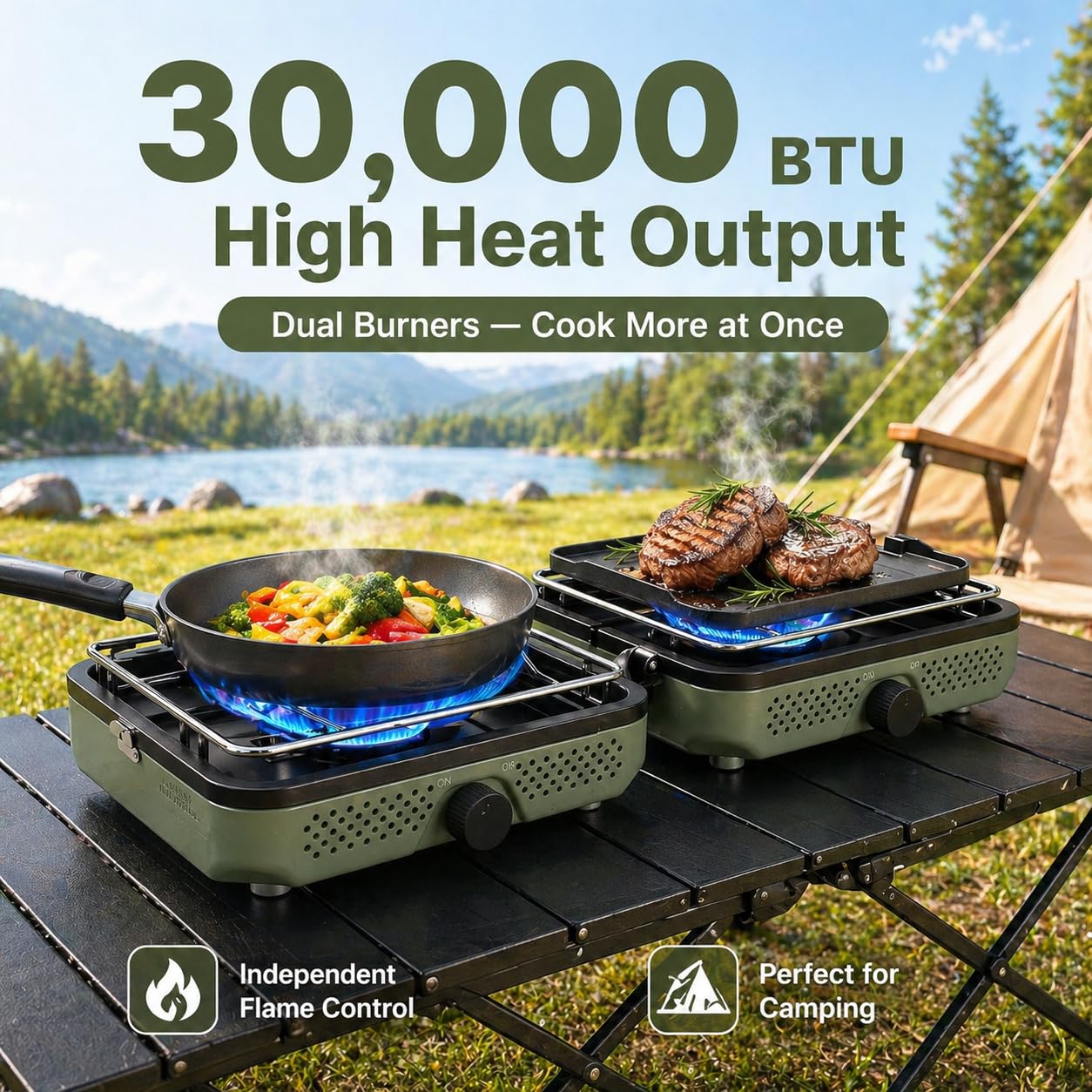 Hisencn Camping Stove,2 Burner Propane Camping Stove,Dual Griddles,30,000 BTU Portable Propane Stove with Carry Bag,Outdoor Cooking Stove set for Camping Gear,RV Essentials,Camp Gifts for Man,Green