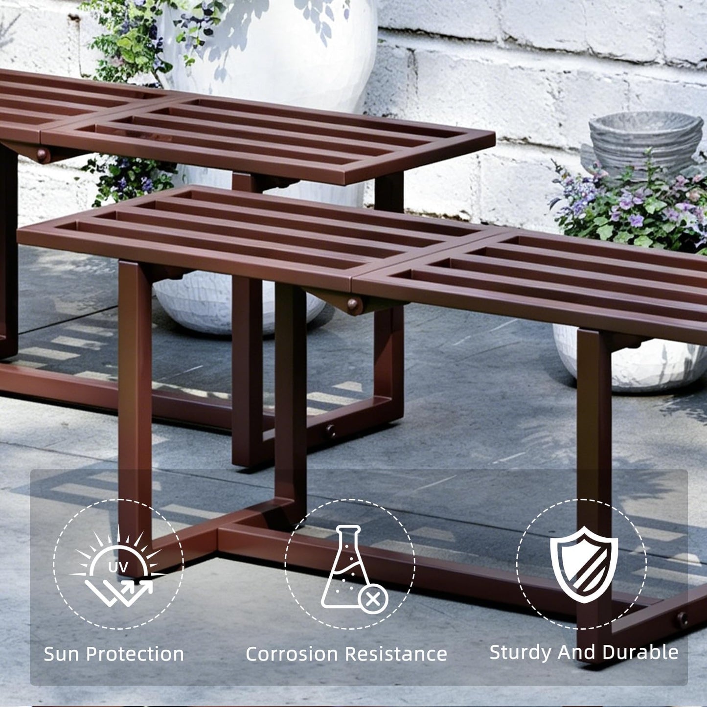 Rioneta Plant Stand Indoor Outdoor, Foldable Metal Plant Shelf for Multiple Pots, Mid Century Slatted Bench for Patio Garden, Heavy Duty Capacity 330 lbs 2 Pack Coffee