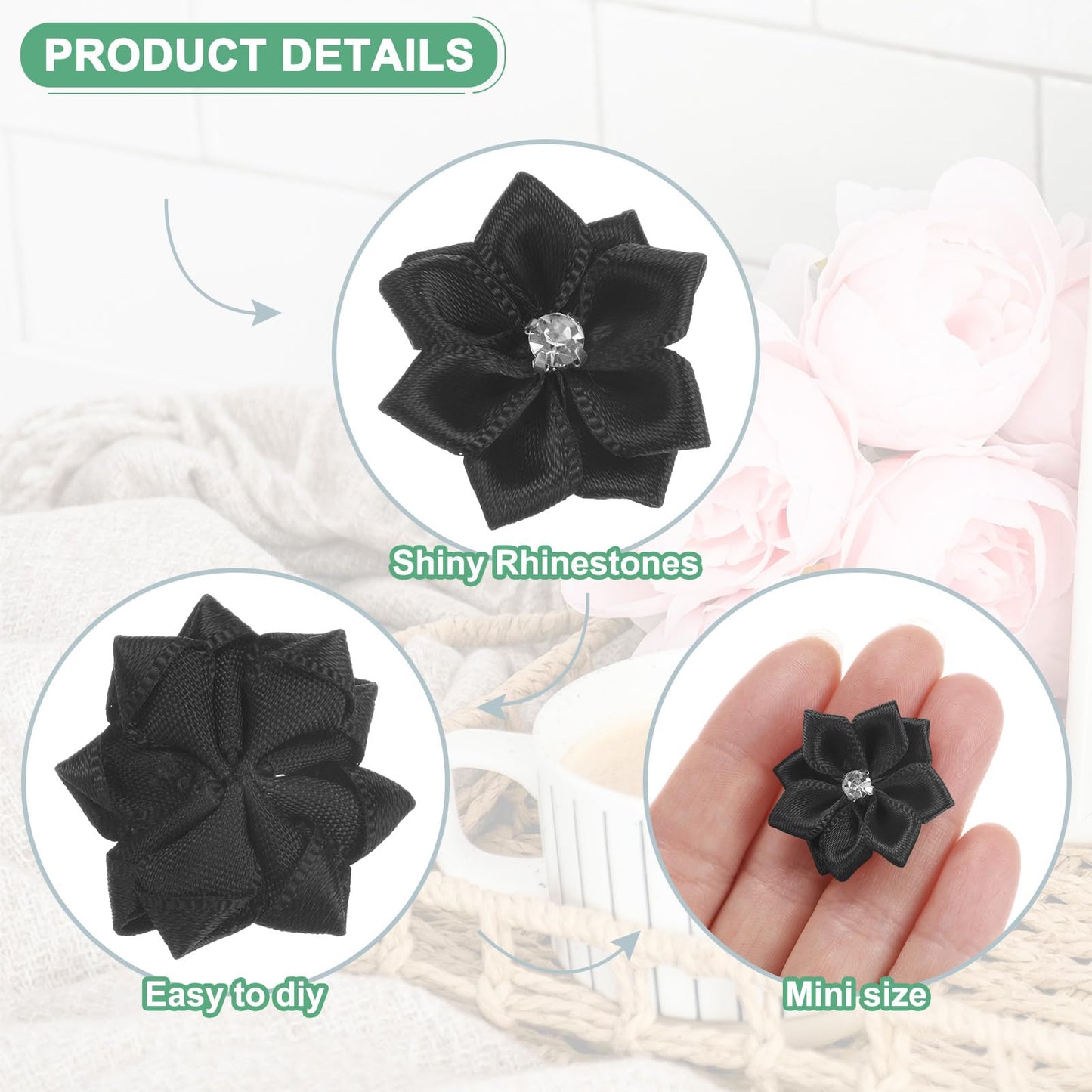 M METERXITY 200-Pack Satin Ribbon Flowers, 1.2 Inch Mini Fabric Flowers with Rhinestones Flower Ribbon Appliques for Crafts DIY/Wedding/Ornament/Party/Home [Black]