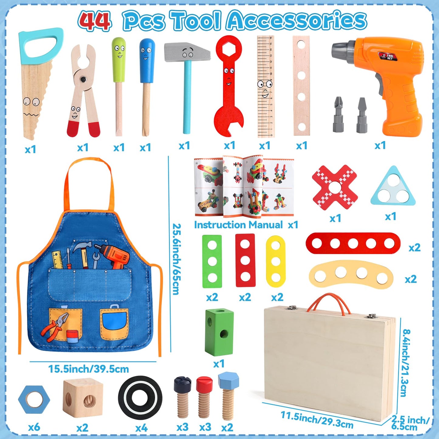 Kids Tool Set with Drill, Educational Montessori Toys for 3 Year Old Boys 44 Pcs STEM Kids Toys Wooden Toddler Tool Set with Apron & Box Birthday Gifts for 3 4 5 Year Old Boy Girl