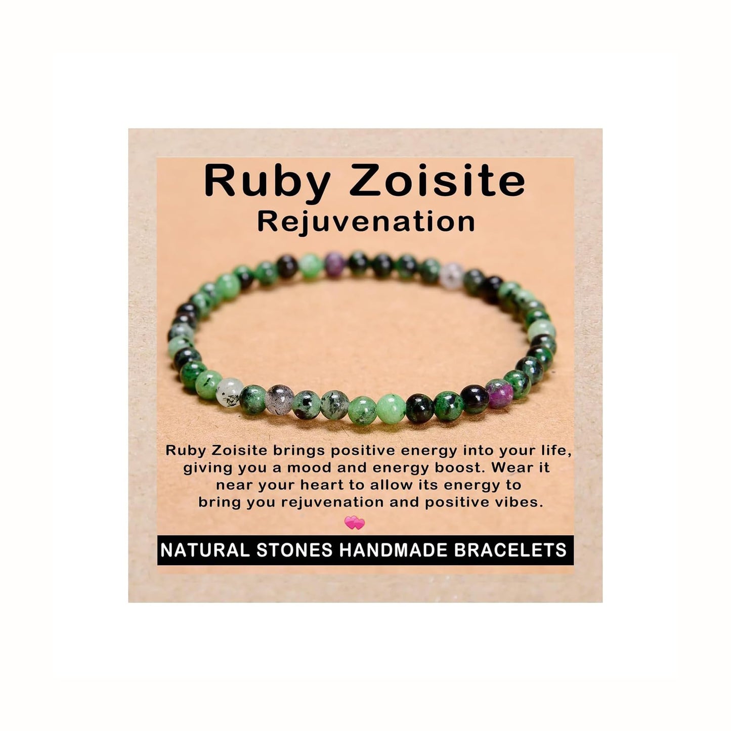 AD Beads Handmade Gemstone Stretch Elastic Bracelet Crystal Healing Reiki Nature's Beauty and Spiritual Essence Unisex (4mm, Ruby Zoisite (Rejuvenation))