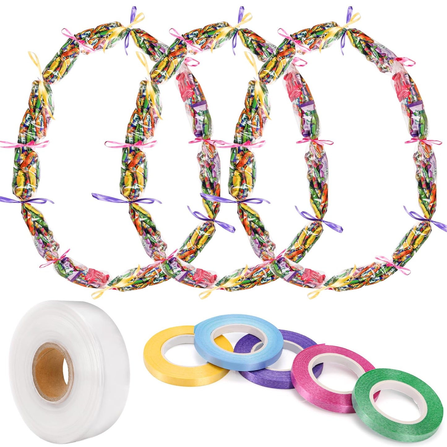 Lawei 2 Inch x 984 Ft Candy Lei Poly Tubing, Plastic Graduation Lei Bags with Ribbons, 4 Mil Clear Poly Bag Tubing Making Kit for Packing Snacks and Small Play, DIY Graduation Wreaths, Party Supplies