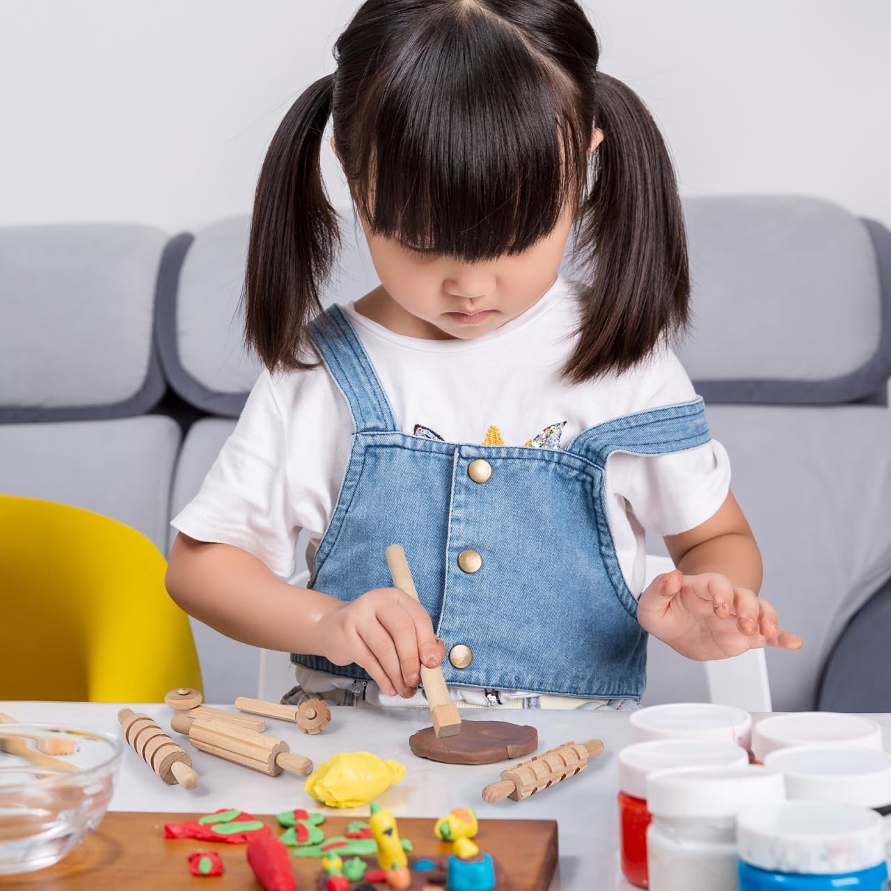 Kisangel Wooden Play Dough Tools Set of 12 for Kids - Pottery Texture Rollers & Clay Stamps - Natural Wood Sculpting & Molding Toys for Toddlers Arts and Crafts