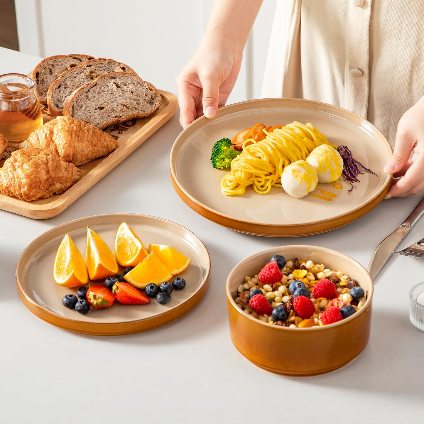 vancasso ONION Ceramic Plates and Bowls Sets, 24 Pieces Brown Dinnerware Sets for Kitchen, Reactive Glaze Dishes Set for 8, Dishwasher and Microwave Safe