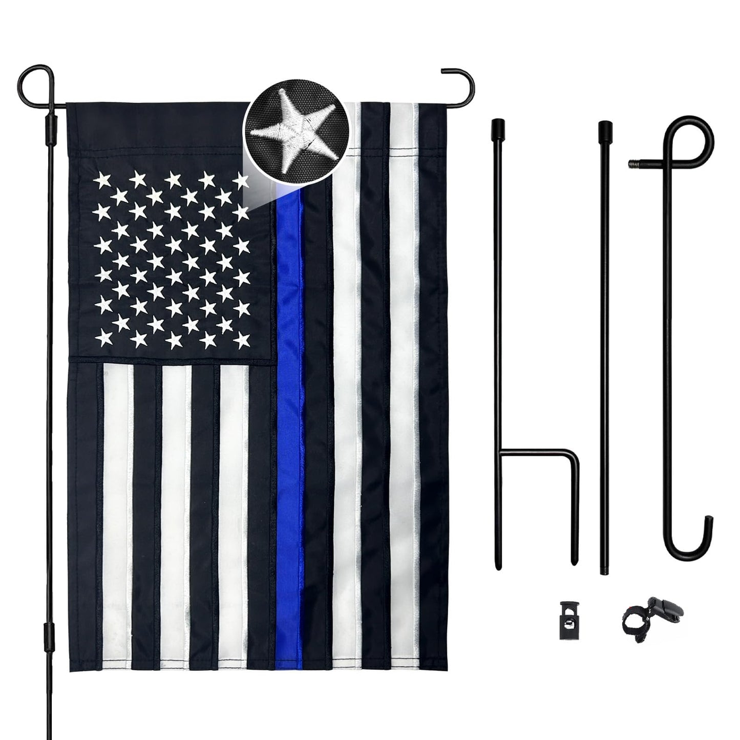 AMZFLAG Thin Blue Line Garden Flag with Stand Holder Set for Outside Yard 12x18 Inch Embroidered Police Garden Flags Small American Back the Blue Lives Matter Flag Law Enforcement
