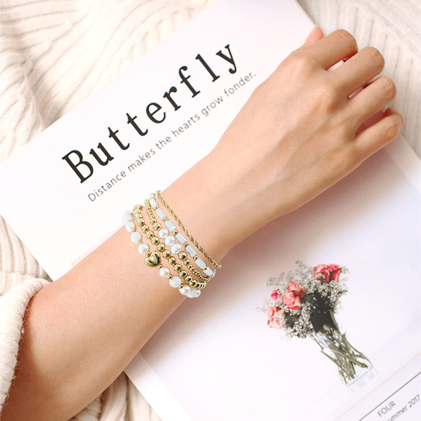 GOOJIDS Tiny Pearl Gold Plated Heart Beaded Bracelets For Women Dainty Gold Plated Pearls Stack Layered Beads Bracelet set for MAMA Birthday