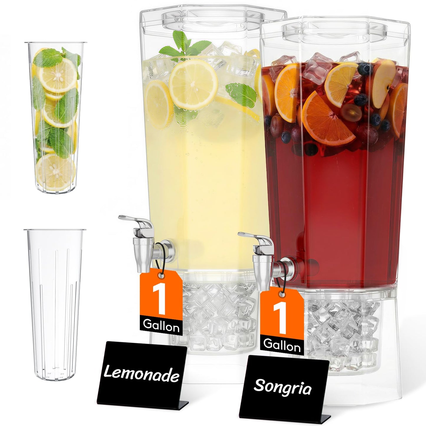 Lifewit 1 Gallon Drink Dispenser for Parties 2 Pcs, Plastic Beverage Container for Juice/Tea/Soda with Stand & Ice Core, Clear Lemonade Dispenser with Spigot, BPA Free Water Pitcher 39 x 16 cm/15x6"
