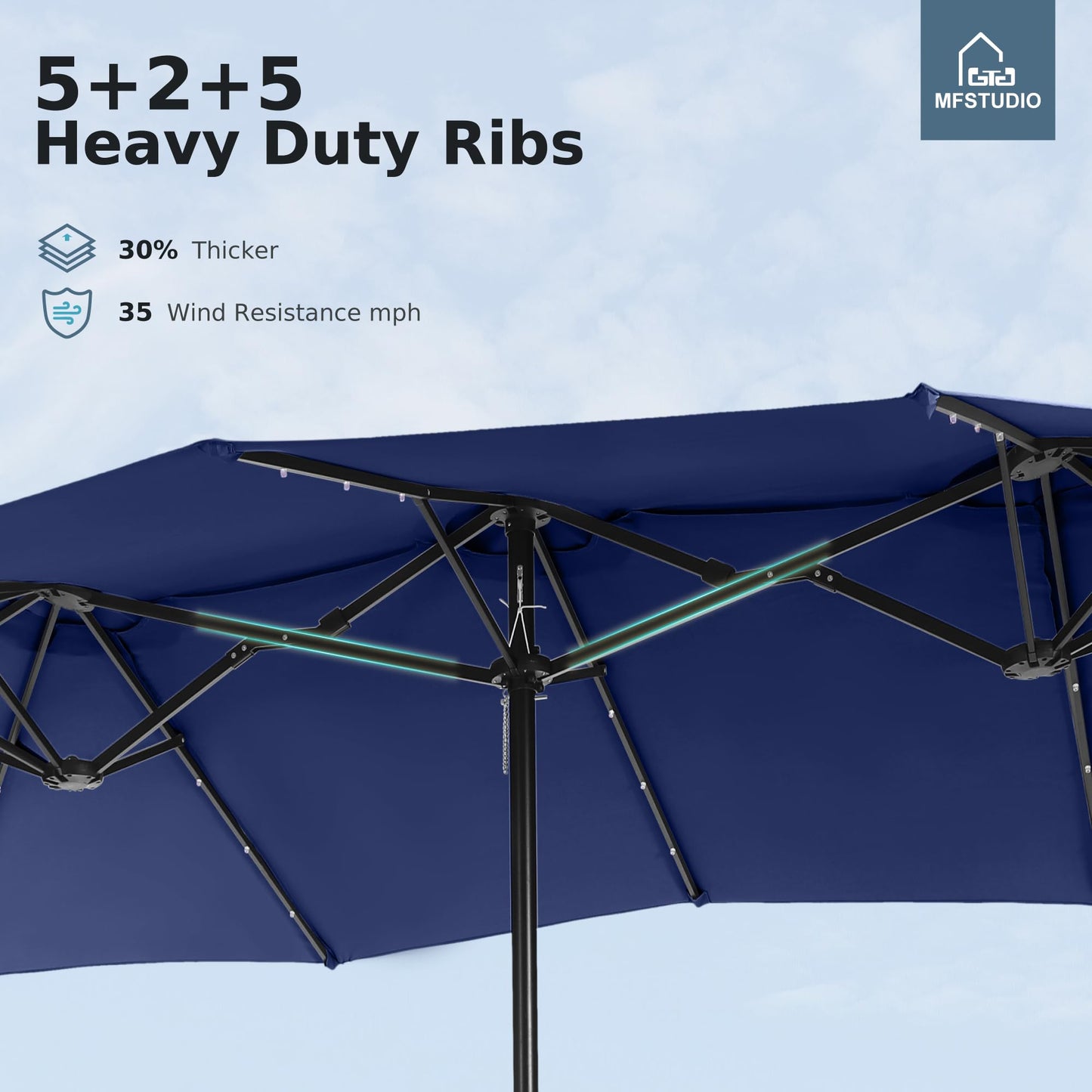 MFSTUDIO 15ft Double Sided Patio Umbrella with Solar Lights, Outdoor Large Umbrellas with Crank Handle and 36 LED Lights, Rectangular Market Umbrella with Base Included for Deck Pool Shade, Navy Blue