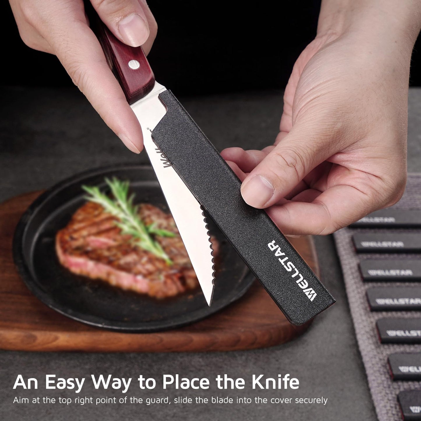 WELLSTAR Steak Knife Edge Guards Set, 8 Piece Universal Blade Covers, BPA Free ABS Protective Blade Sheaths, Non-Scratch Felt Lining Kitchen Utility or Steak Knives Covers (Knives not included)